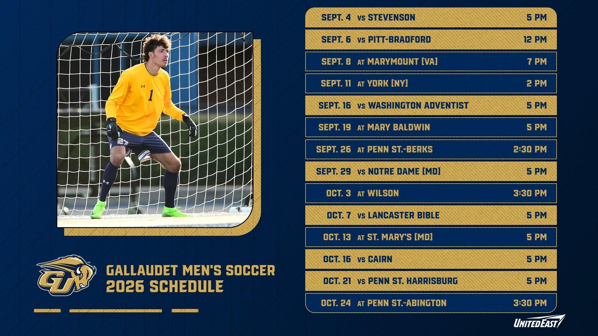 2026 Gallaudet University Men's Soccer Schedule graphic showing the 14 games the Bison will play this fall.
