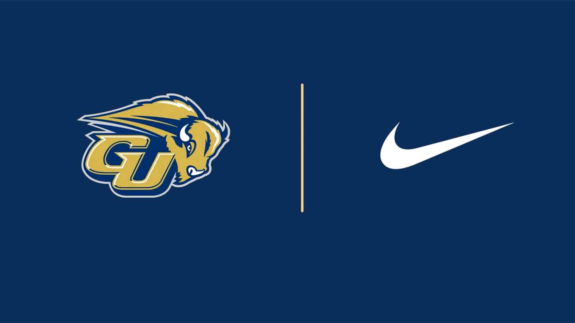 Gallaudet x Nike partnership graphic launched on July 1, 2026. The GU Bison logo is on the lefthand side with a navy blue background. A buff gold line divides the graphic as a white Nike swoosh logo is on the right of the line. 