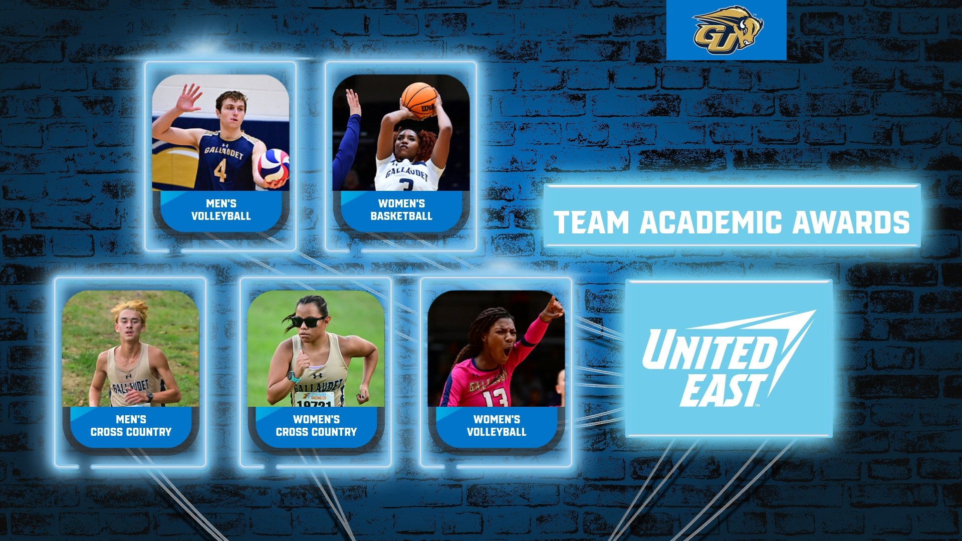 Five Gallaudet athletic teams earned 2025-26 United East Team Academic Awards they include; men's volleyball, women's basketball, men's and women's cross country and women's volleyball. This is a graphic showing those five sports with that text.