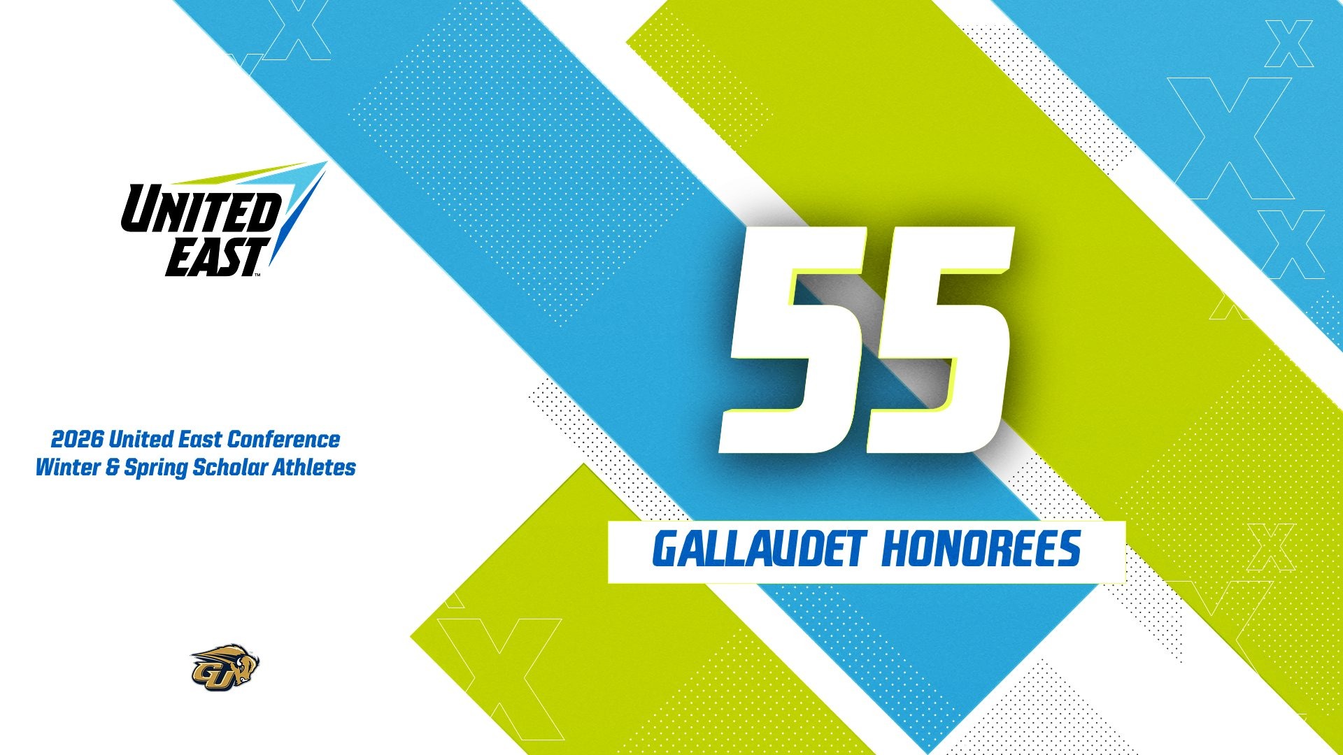 2026 United East Fall All-Academic Team graphic for Gallaudet. In white font is the number 55 which is the number of GU honorees for the 2026 Winter and Spring Semester.