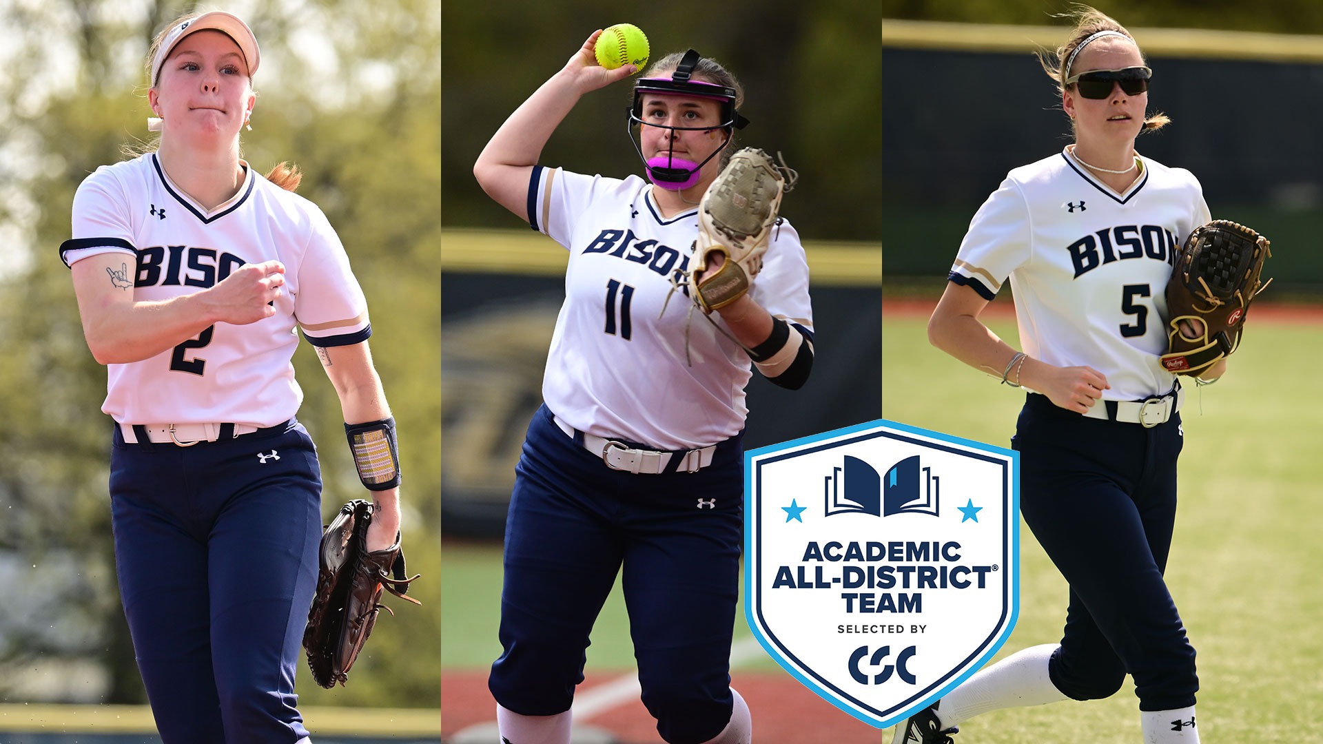 2026 College Sports Communicators Academic All-District graphic for Gallaudet softball featuring action photos of the following GU players pictured left to right; Lacey Drolsbaugh, Kinsley Bond, Sophia Wascher. A CSC Academic All-District logo is between the photos of Bond and Wascher.