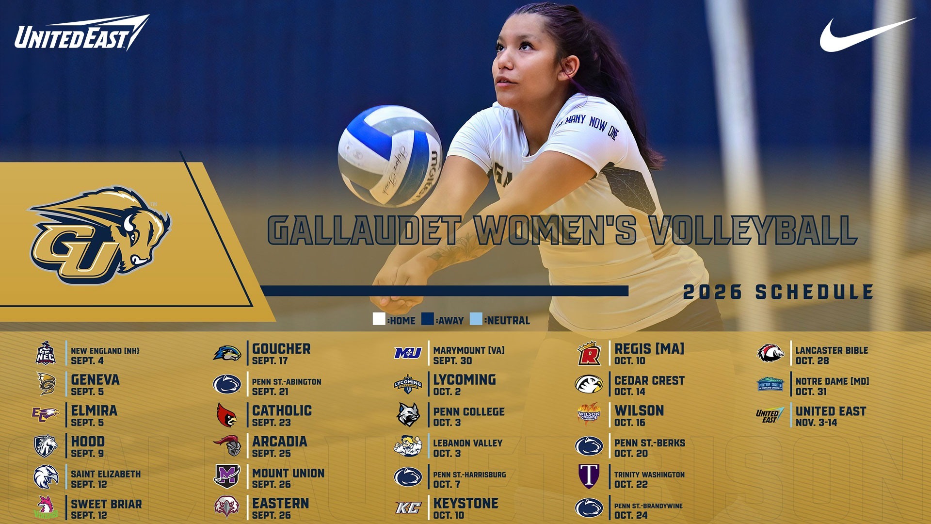 A graphic of 2026 Gallaudet University Women's Volleyball Schedule with the different dates and opponents the Bison will face in the fall.