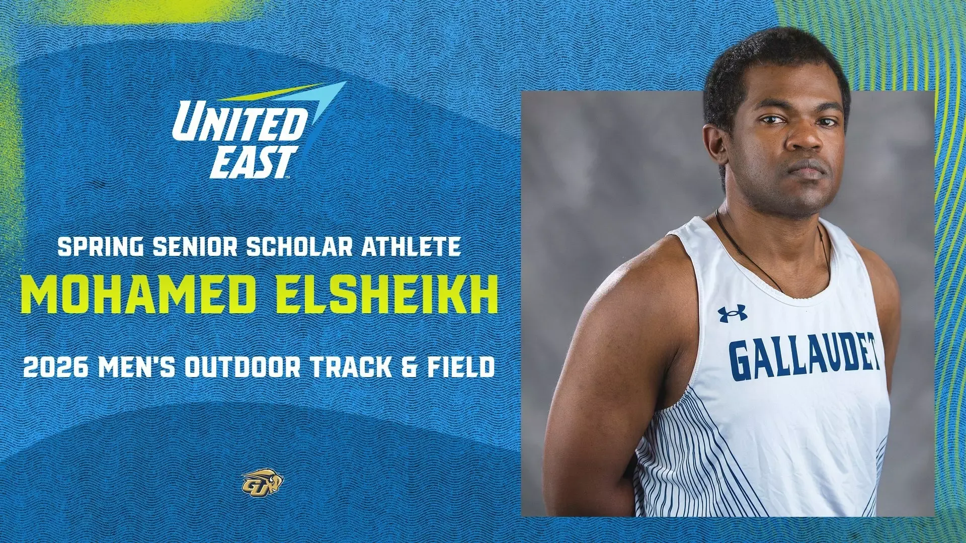 2026 United East Spring Scholar Athlete graphic of Mohamed Elsheikh on GU's men's outdoor track and field team. On the right is a close-up photo of Mohamed looking at the camera. The design of the graphic features the United East colors of neon green, light blue and a royal blue. A GU Bison logo is the center near the bottom.