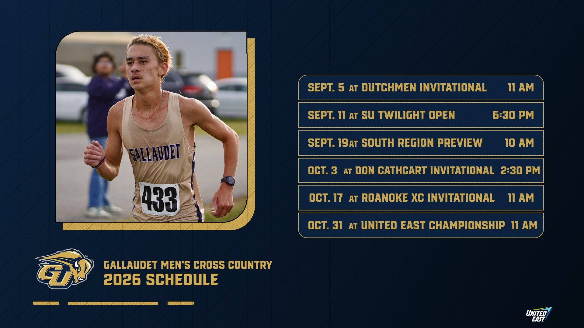 2026 Gallaudet University Men's Cross Country Schedule graphic with the different dates and opponents the Bison will participate in the fall.