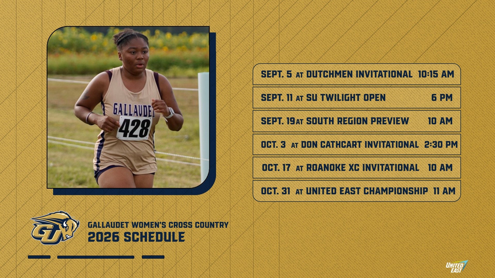 2026 Gallaudet University Women's Cross Country Schedule graphic with the different dates and opponents the Bison will participate in the fall.