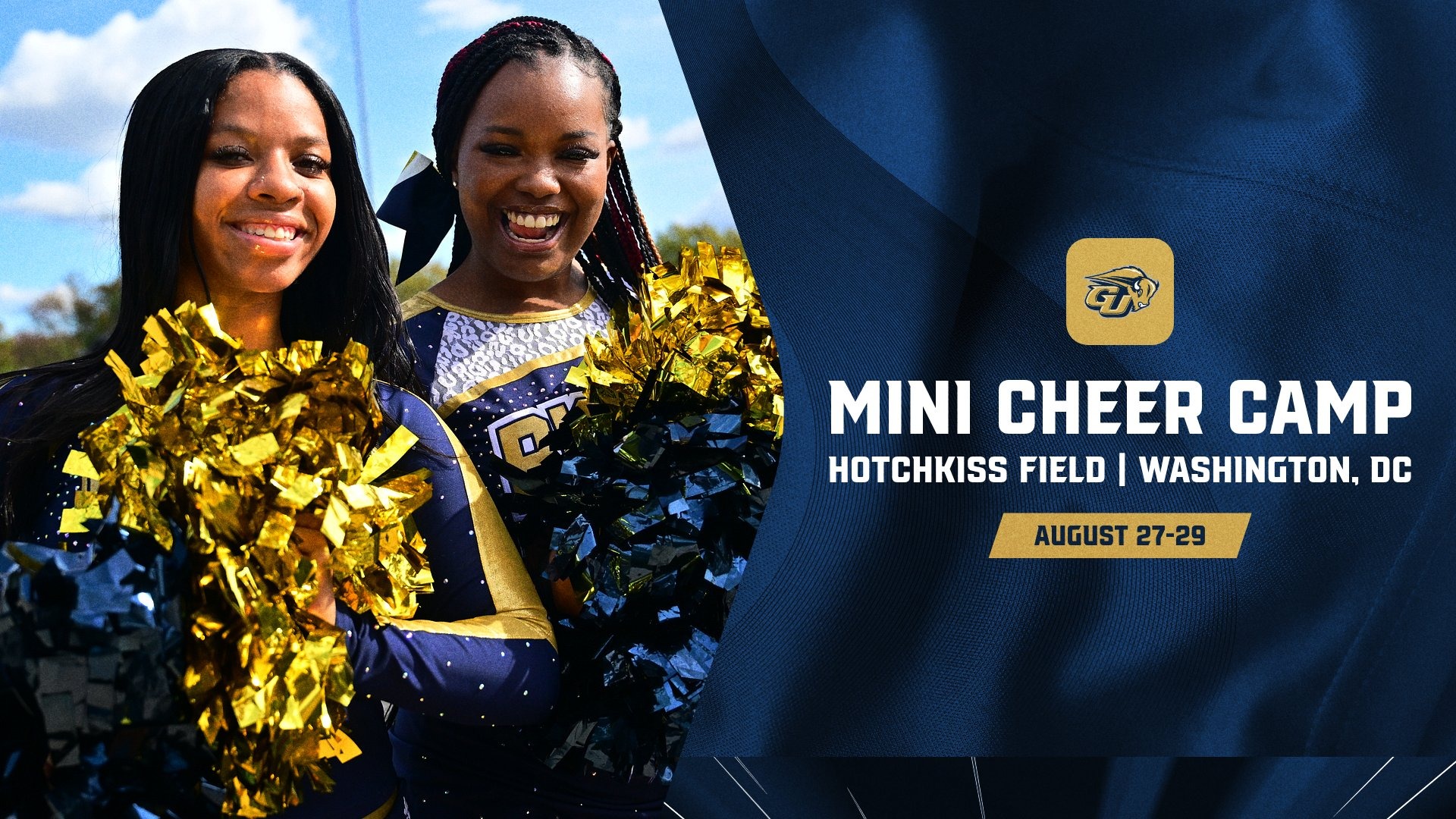 A graphic of fall cheerleading mini cheer camp before tryouts with two student athlete cheerleading pics on it