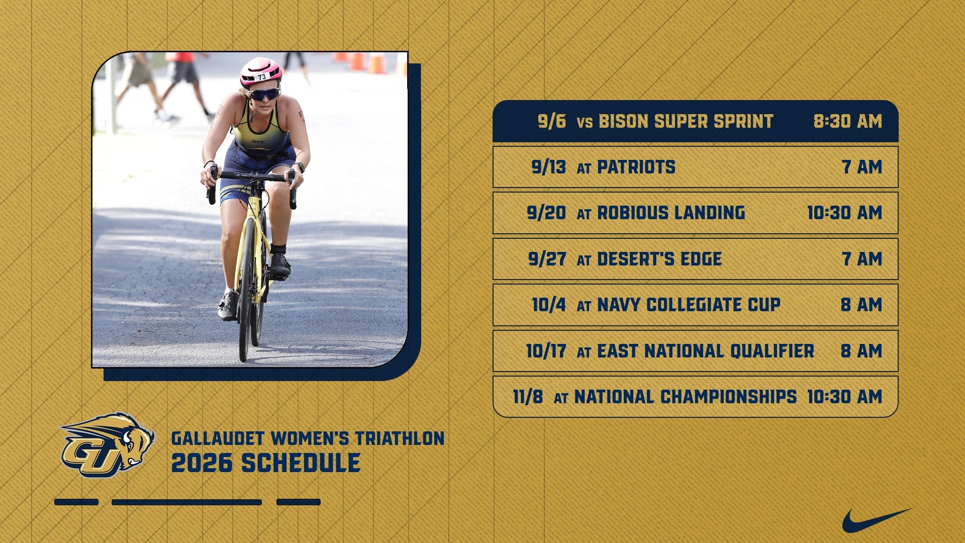Gallaudet University Women's Triathlon Schedule graphic with the different dates and opponents the Bison will participate in the fall.