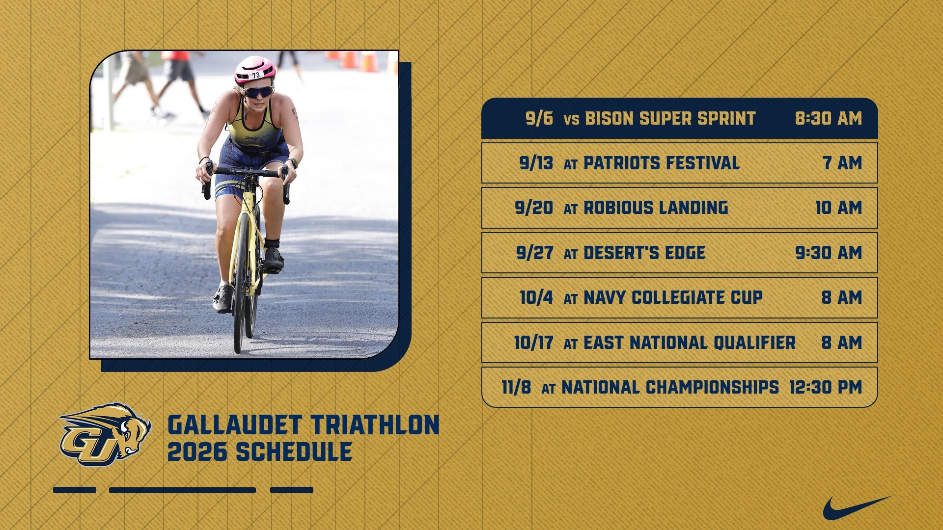 Gallaudet University Women's Triathlon Schedule graphic with the different dates and opponents the Bison will participate in the fall.