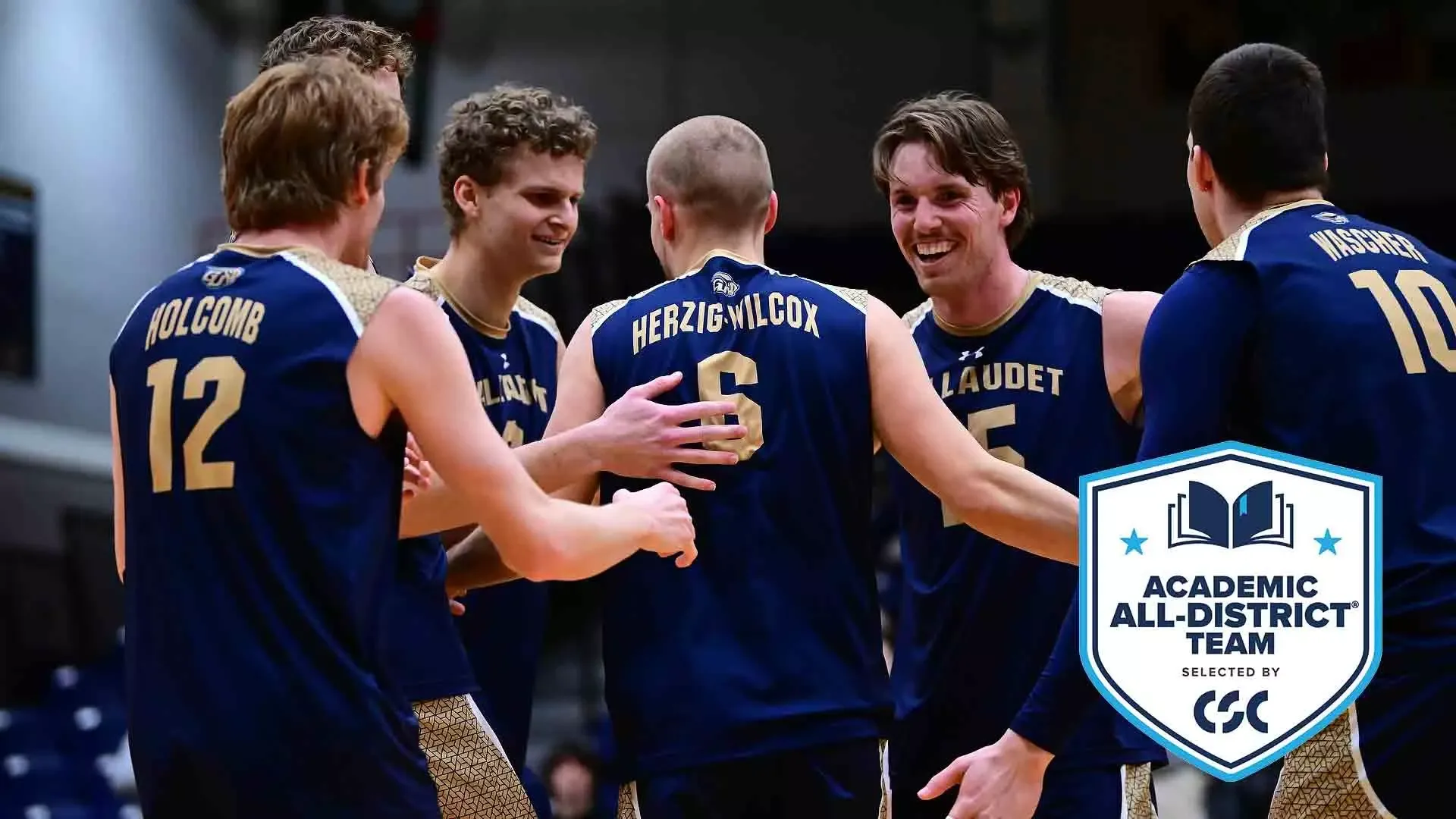 2026 College Sports Communicators Academic All-District graphic for Gallaudet men's volleyball featuring a team huddle after the Bison secured a point. The players are all smiles and excited for the point. A CSC Academic All-District logo is in the lower righthand corner.