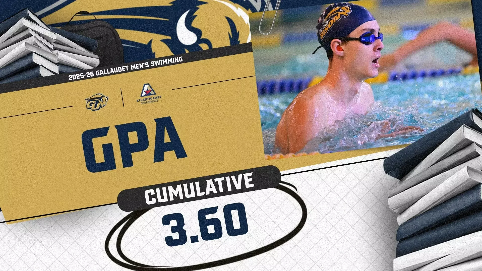 2025-26 Gallaudet University Men's Swimming Team Academic Award graphic. The team had a 3.60 team GPA.
