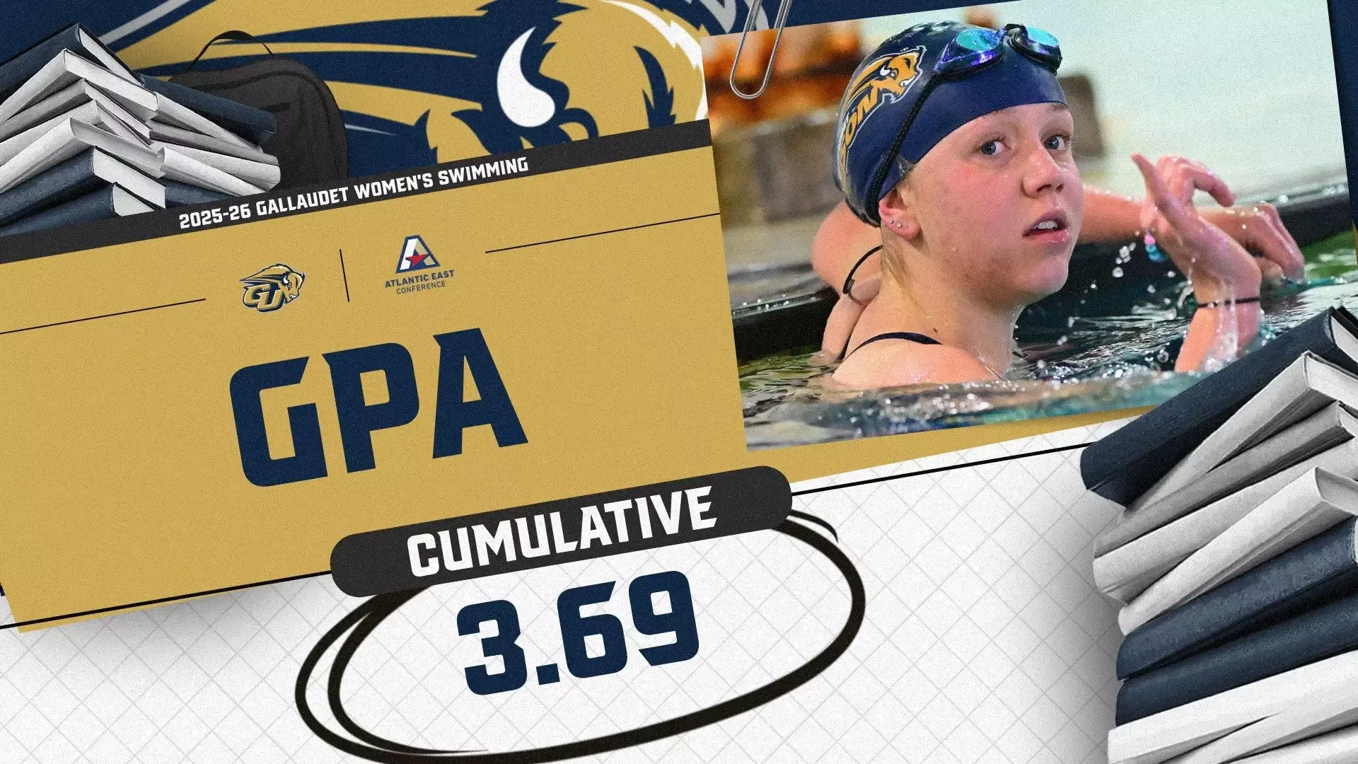 2025-26 Gallaudet University Women's Swimming Team Academic Award graphic. The team had a 3.69 team GPA.
