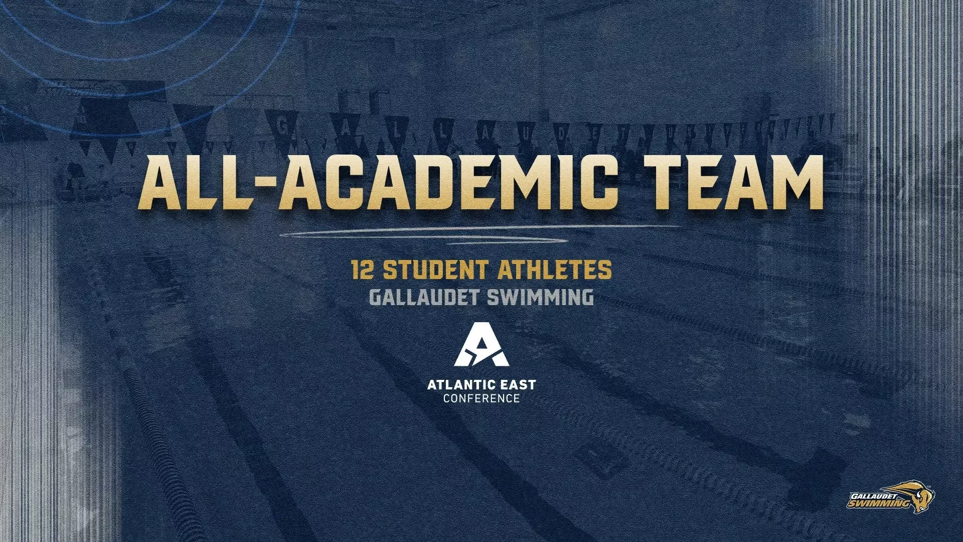 2025-26 Atlantic East Conference All-Academic Graphic for the Gallaudet swimming team, who had 12 honorees.