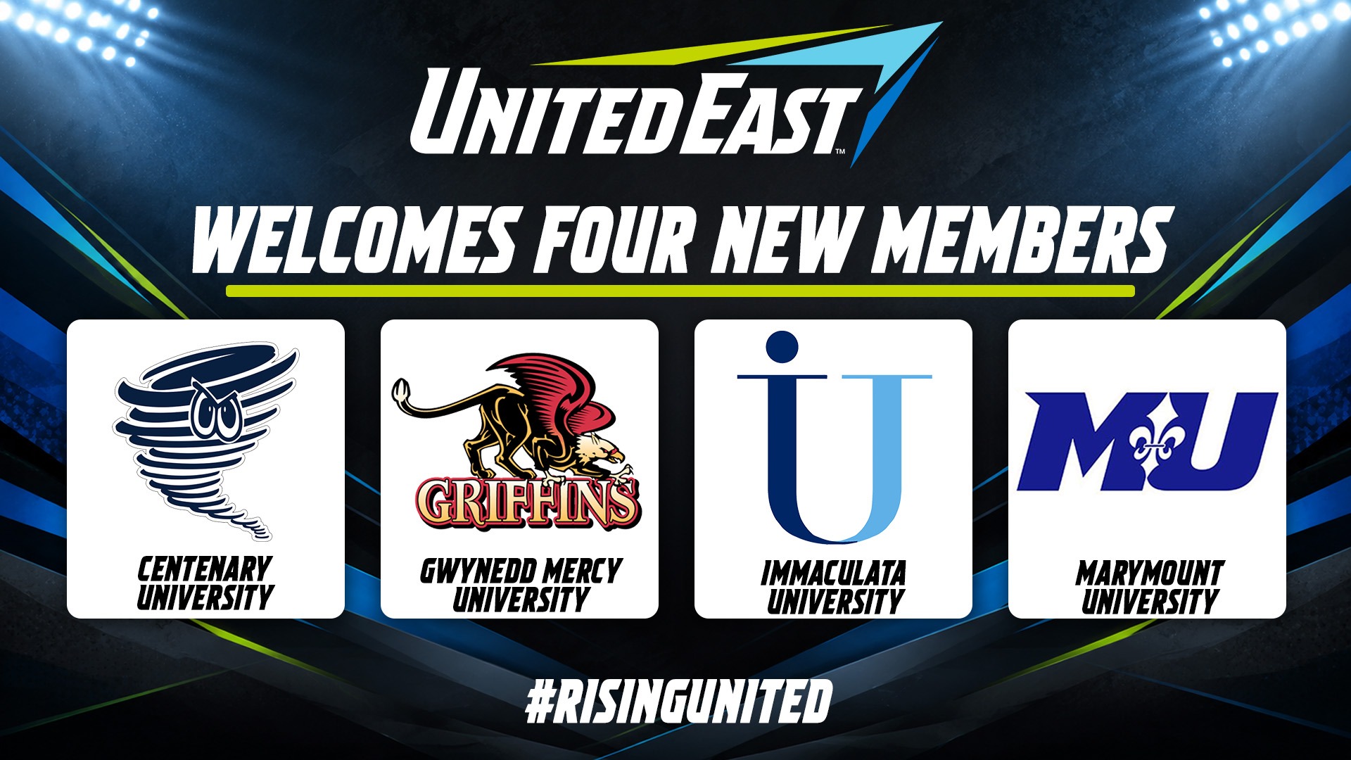 United East Conference to add four new members on July 1, 2027. The graphic shows the four logos of the new schools they include from left to right; Centenary (N.J.) University, Gwyneed Mercy University, Immaculata University and Marymount (Va.) University.
