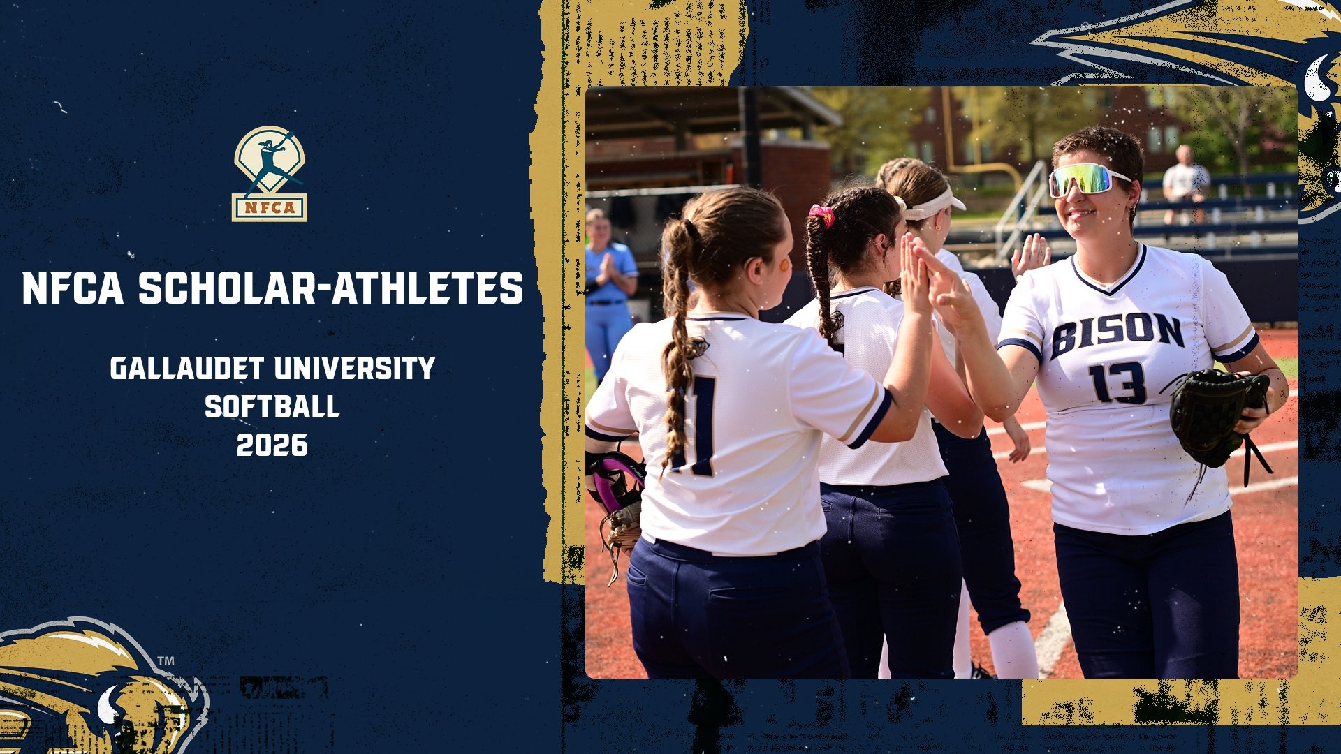 2026 NFCA Scholar-Athletes graphic for the Gallaudet University softball team. On the lefthand side of the graphic there is a NFCA logo and under the logo is white text that reads Gallaudet University Softball 2026. On the righthand side is an action photo of the softball players getting announced for the starting line-ups on a sunny afternoon at the GU Softball Complex. 