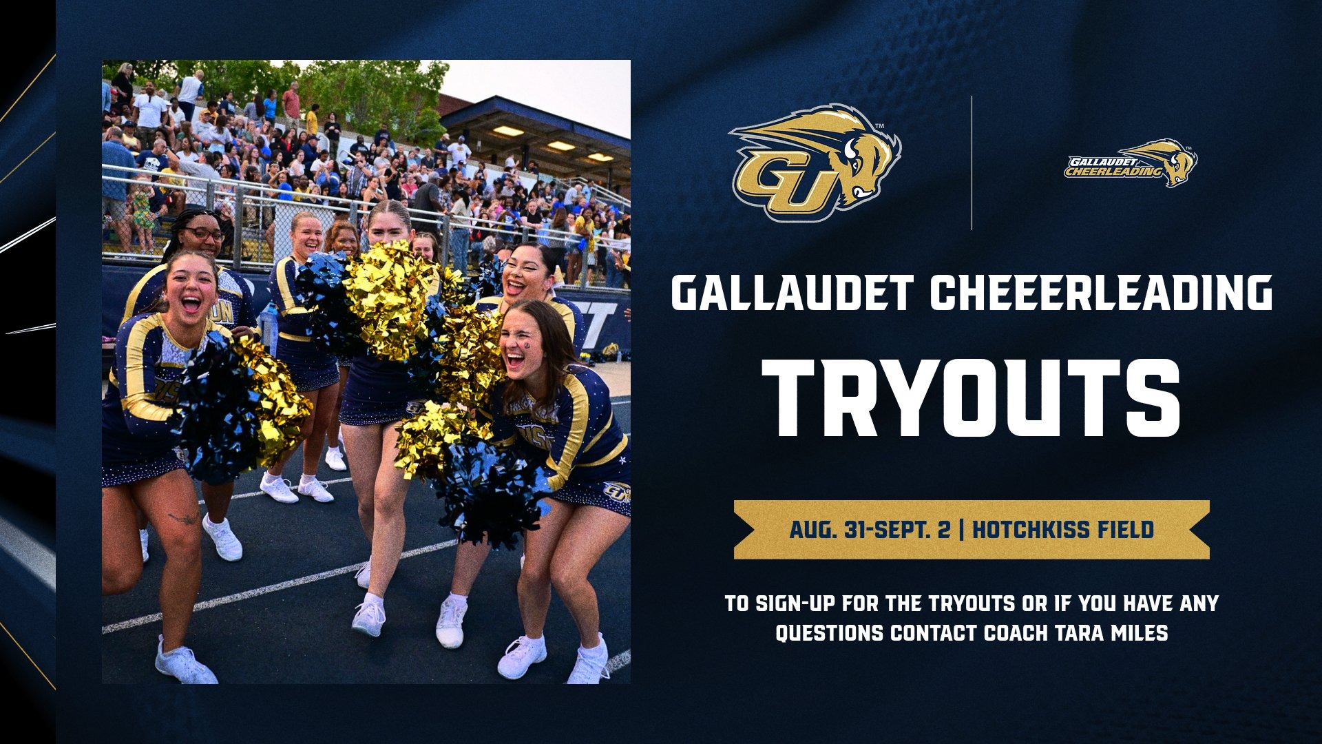 A graphic of fall cheerleading tryouts information. Bunch of cheerleadings show the spirit with pom pom with background of fans in bleachers at Hotchkiss Field