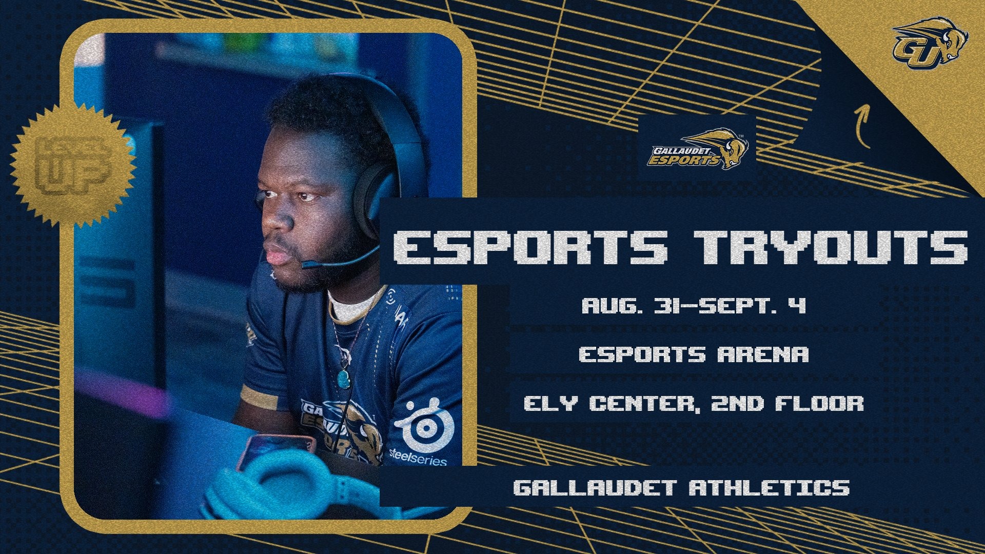 A graphic of Esports tryouts, in left theres student athlete is playing computer game with esports jersey with information on right side
