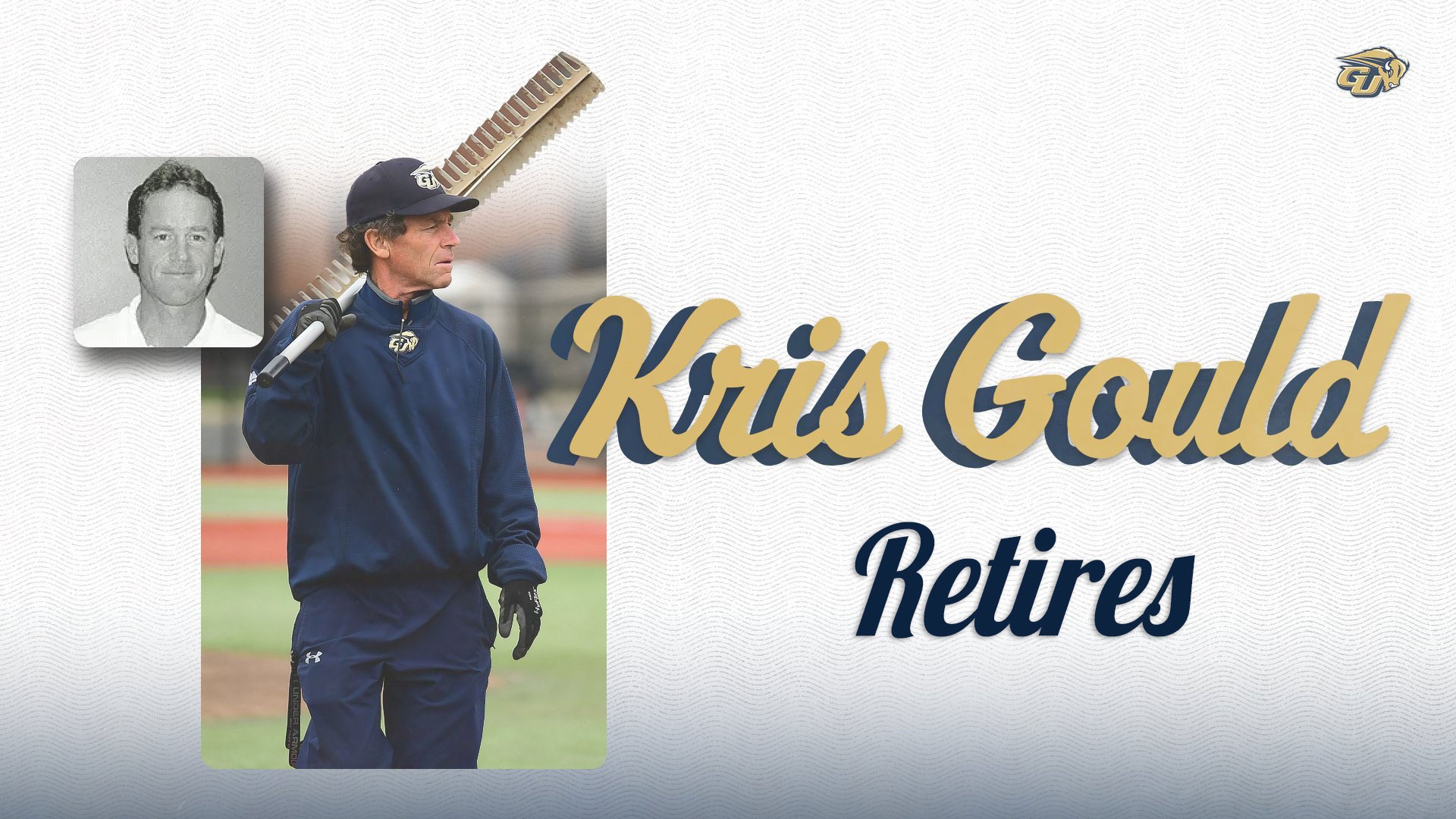 Kris Gould retirement graphic. It shows a photo of Kris from when he first started at Gallaudet in black and white and then an action photo of Kris walking off the field with a rake. Kris Gould is written in big script text and the word Retires is under the name in navy text.