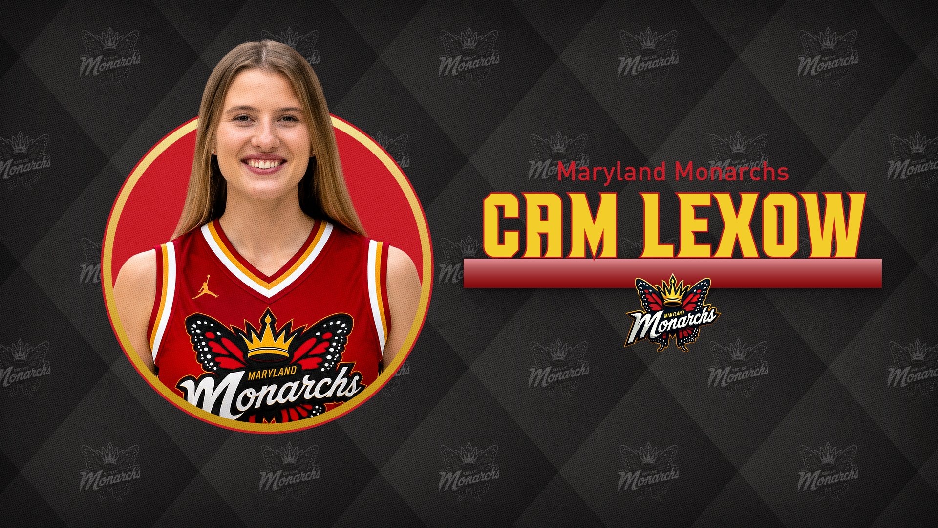Former Gallaudet Bison student-athlete and current assistant coach Cam Lexow signed with the Maryland Monarchs of the WABA during the summer of 2026. The image has a headshot of Lexow in the new uniform with a black background and her name in red and yellow font on the right. 