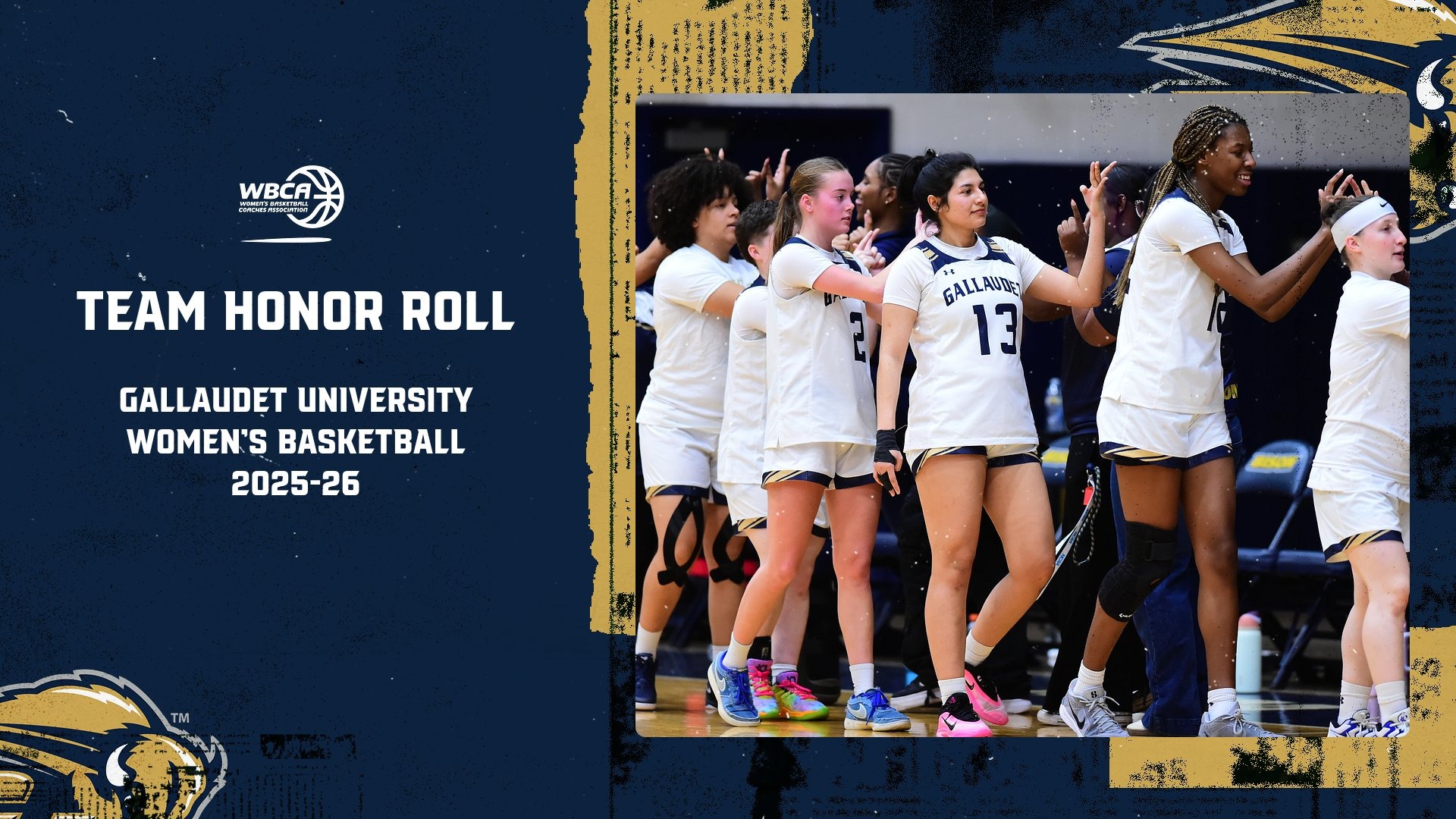 2025-26 WBCA Team Academic Honor Roll graphic for the Gallaudet University Women's Basketball Team. On the right is an action photo of the Bison players exchanging signs and high fives after a home victory in the Field House.