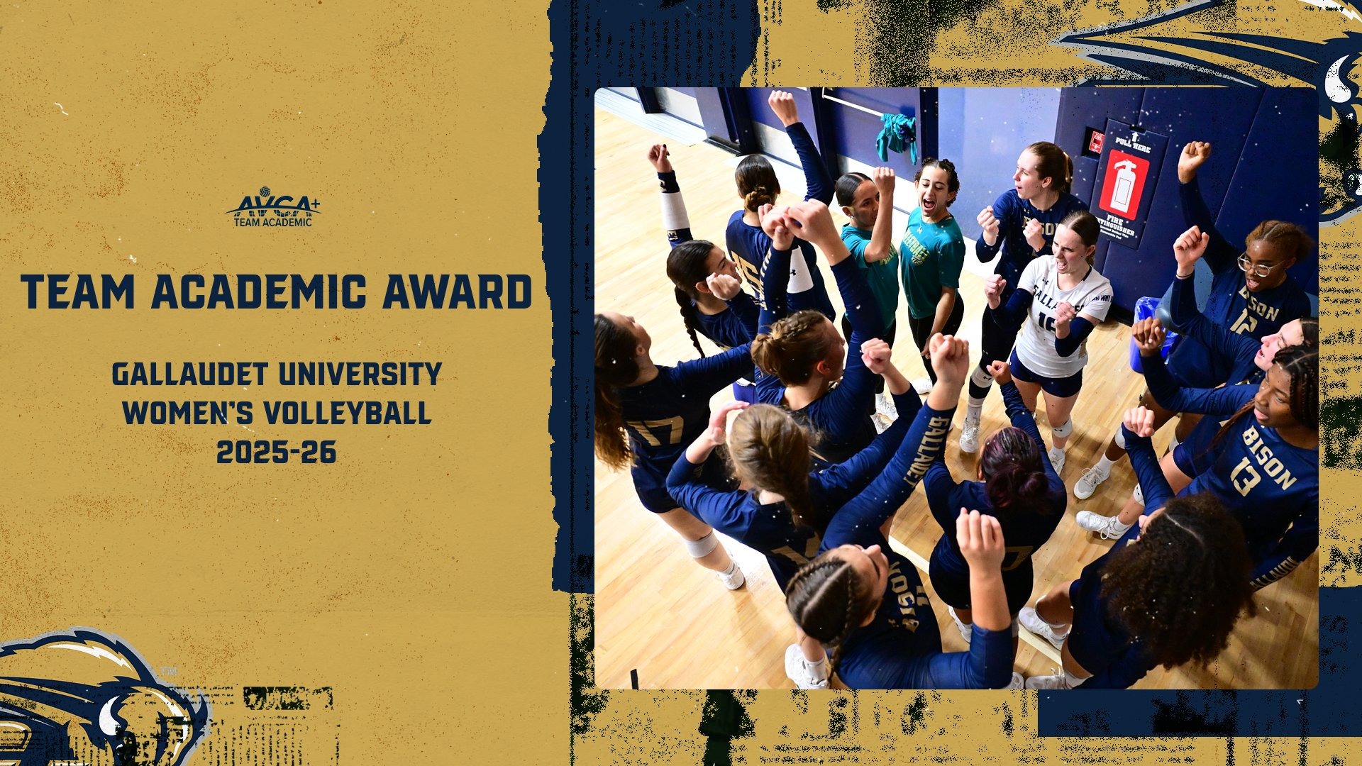 2025-26 AVCA Team Academic Award graphic for Gallaudet University Women's Volleyball Team. On the right is an action photo of the women's volleyball team breaking the huddle as they prepare for the match. 