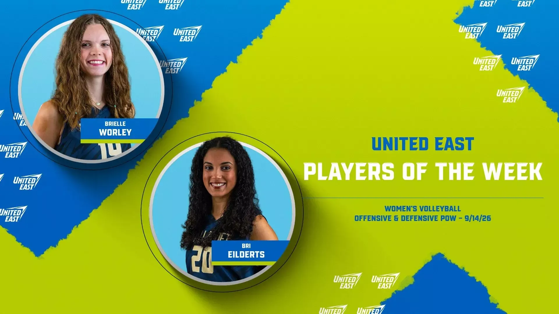 Bright blue-and-lime-green United East Players of the Week graphic features Gallaudet women’s volleyball players Brielle Worley (top left) and Bri Eilderts (bottom center) smiling in navy Bison uniforms. White and blue text announces the United East Women’s Volleyball Offensive and Defensive Players of the Week for Sept. 14, 2026, with United East logos patterned throughout the background.