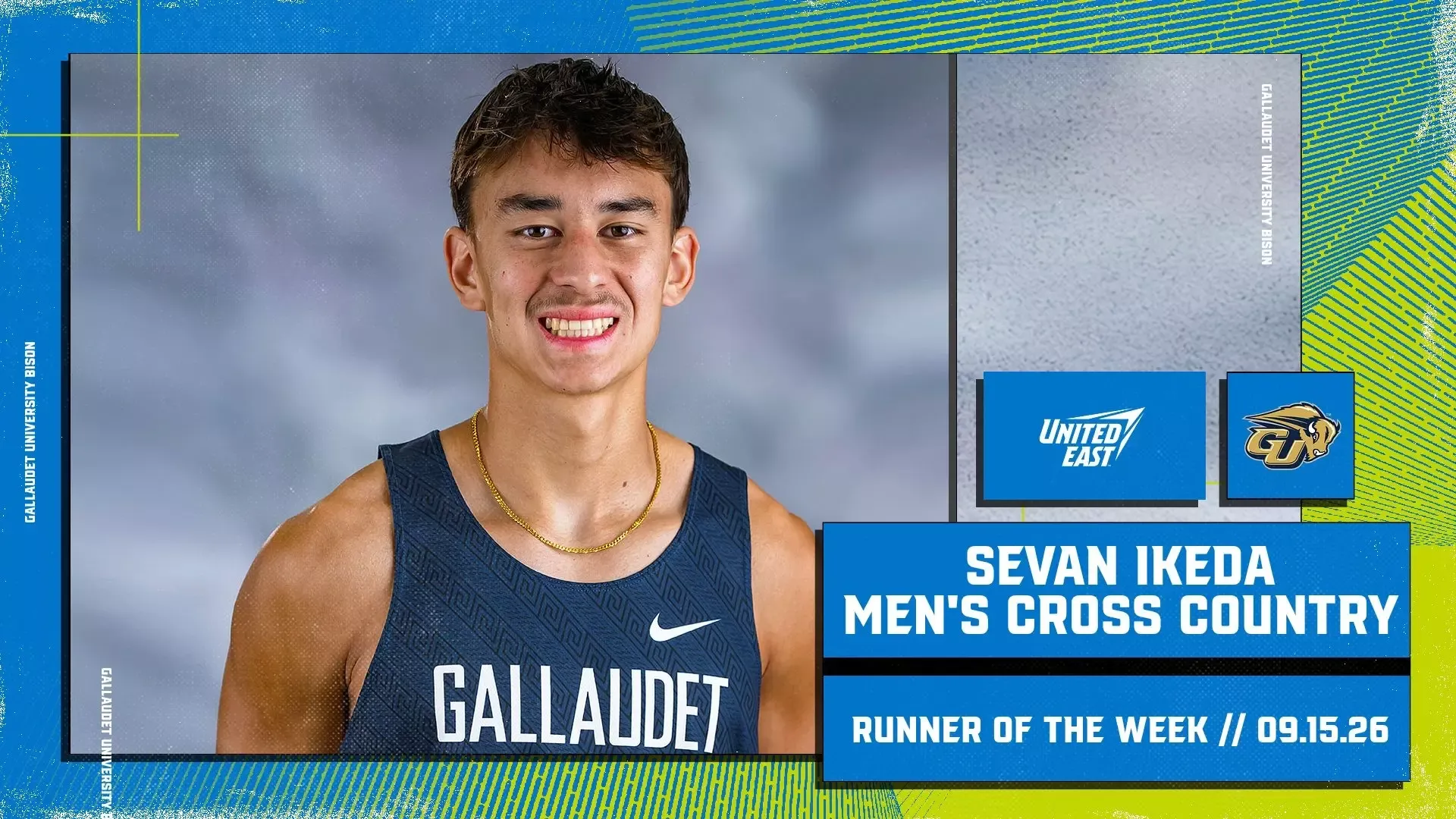 Gallaudet men’s cross country runner Sevan Ikeda is featured in a United East graphic recognizing him as the conference’s Men’s Cross Country Runner of the Week on Sept. 15, 2026.