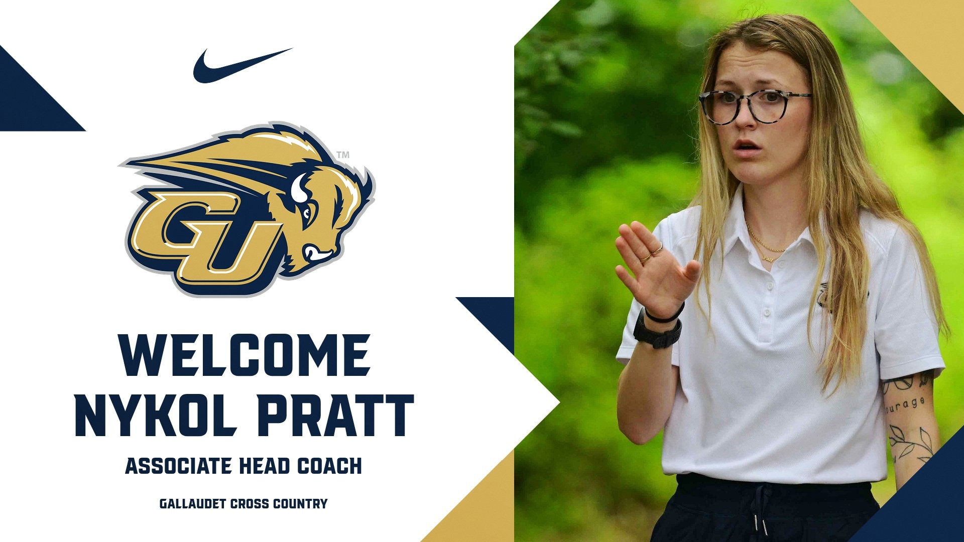 Graphic welcoming Nykol Pratt as Gallaudet University cross country associate head coach. Pratt is pictured signing outdoors alongside the Gallaudet Bison and Nike logos.