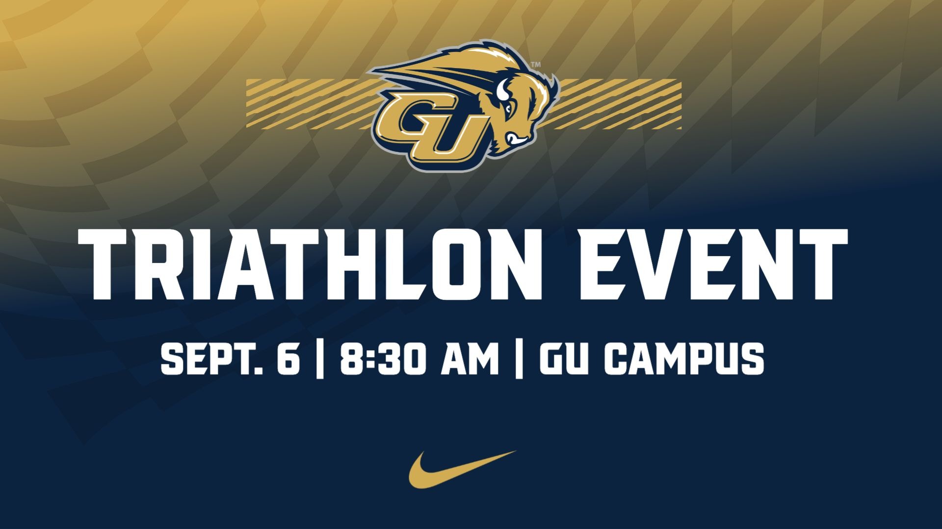 Gallaudet Athletics graphic announcing a triathlon event on Sunday, Sept. 6, at 8:30 a.m. on the Gallaudet University campus. The graphic features the GU Bison logo at the top, large white “TRIATHLON EVENT” text on a navy and gold background, and a gold Nike swoosh at the bottom.