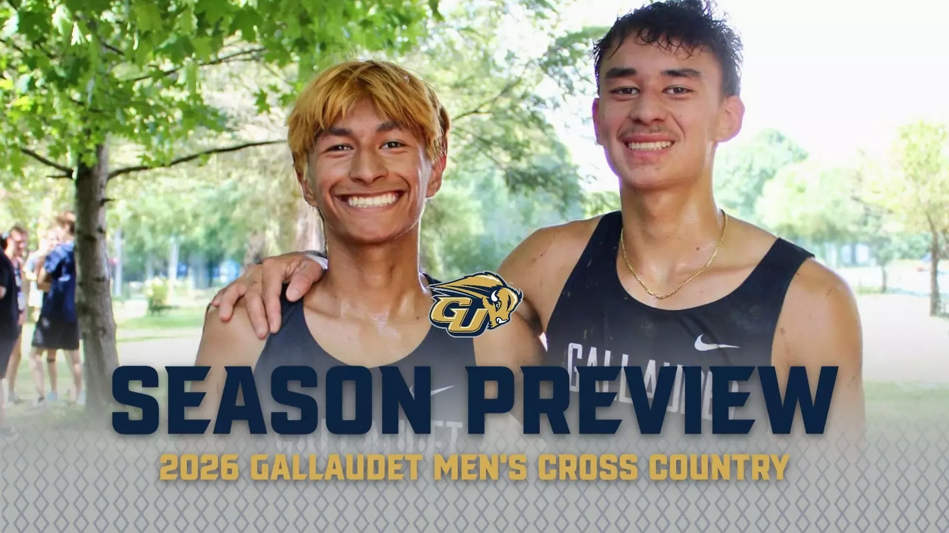 Gallaudet men’s cross country runners Dylan Olmos (left) and Sevan Ikeda (right) smile together in a graphic promoting the 2026 Gallaudet men’s cross country season preview.