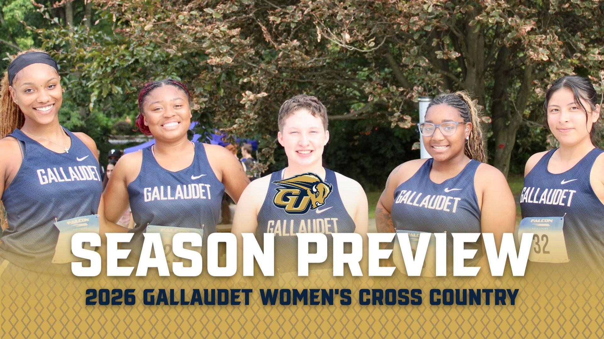 Five members of the Gallaudet University women’s cross country team pose together in their navy Gallaudet uniforms. The graphic reads “Season Preview – 2026 Gallaudet Women’s Cross Country” with the GU Bison logo.