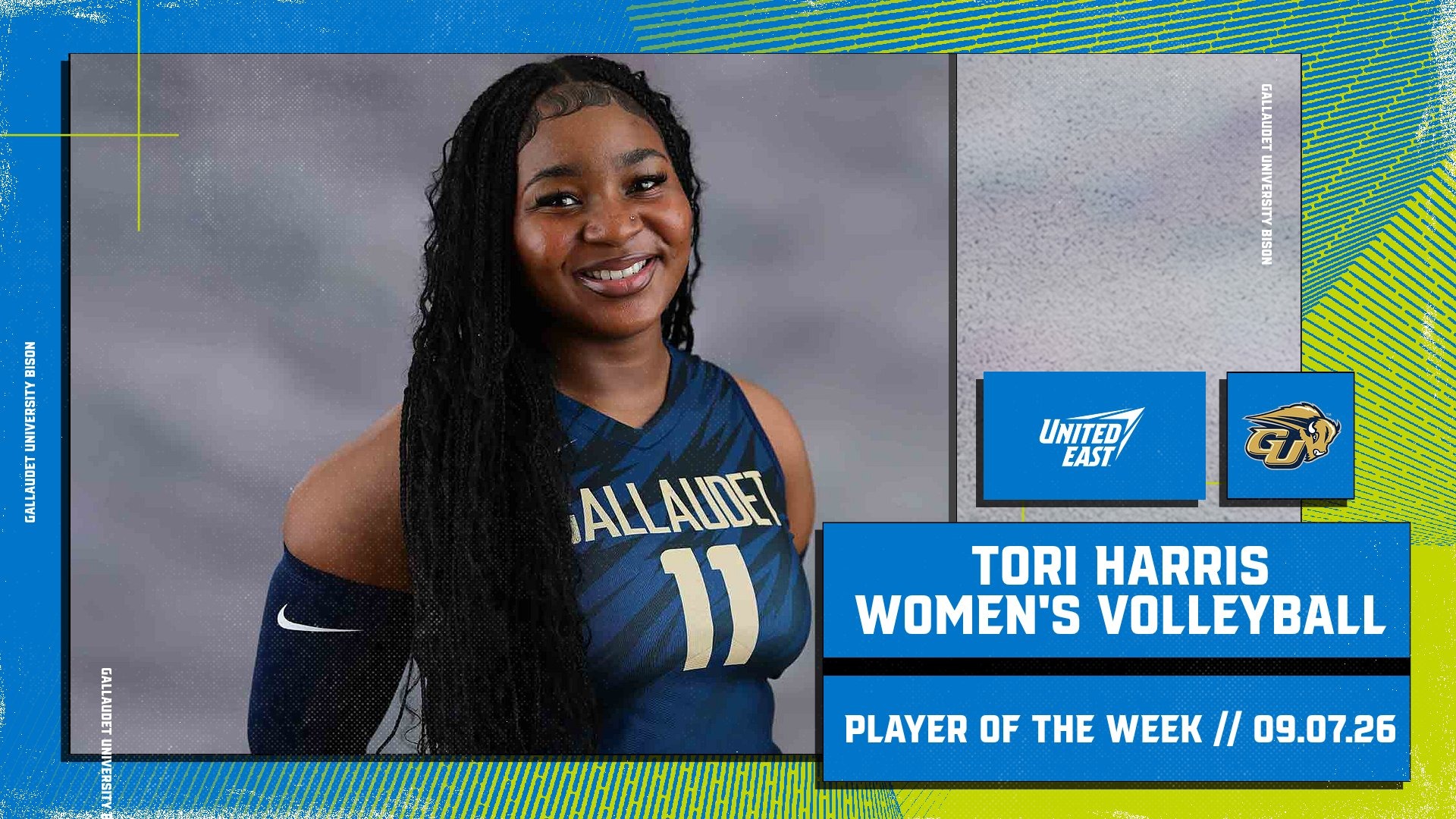 Gallaudet women’s volleyball libero Tori Harris (#11) is featured in a United East graphic recognizing her as the conference’s Women’s Volleyball Defensive Player of the Week for the week ending Sept. 6, 2026.