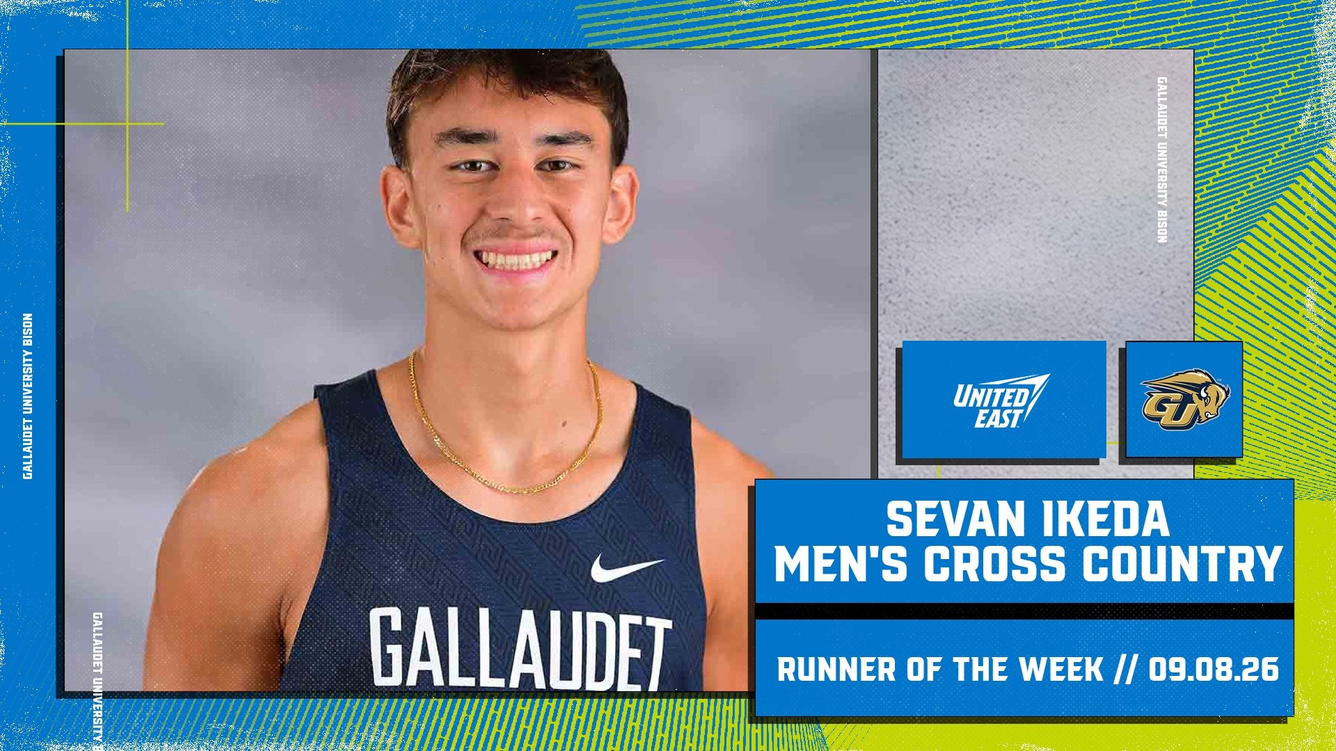 Gallaudet men’s cross country runner Sevan Ikeda is featured in a United East graphic recognizing him as the conference’s Men’s Cross Country Runner of the Week on Sept. 8, 2026.