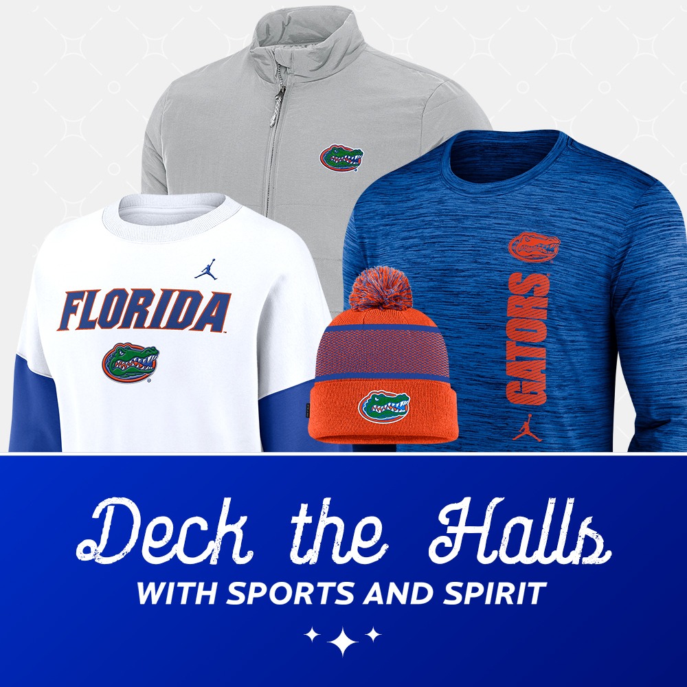Deck the Halls with Sports and Spirit | grey Florida Gators pullover, white Florida Jordan t-shirt, blue Gators long sleeve shirt, orange Gators beanie