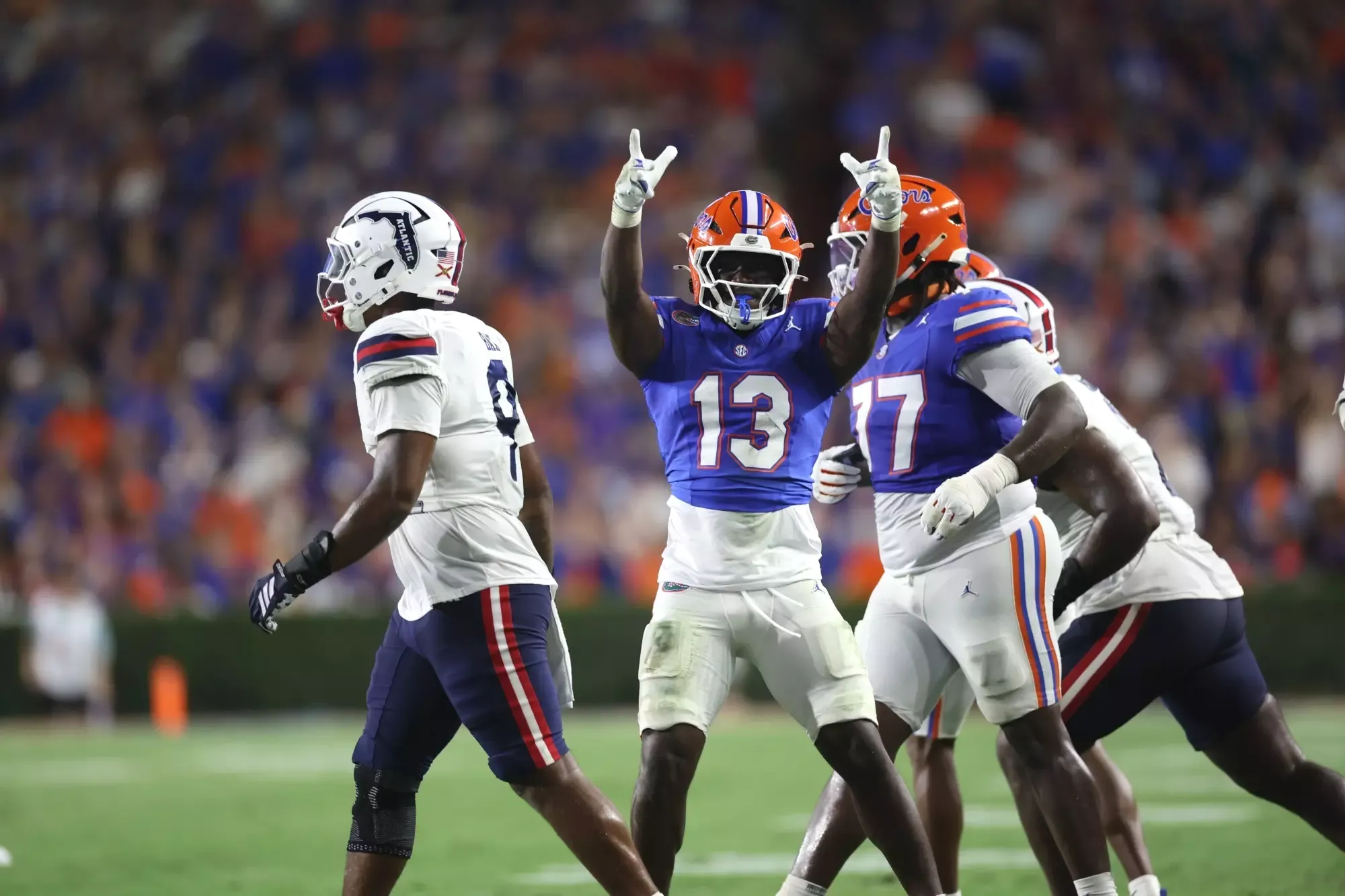 Jadan Baugh number 13 celebrating during Florida's 2026 season-opening win over Florida Atlantic