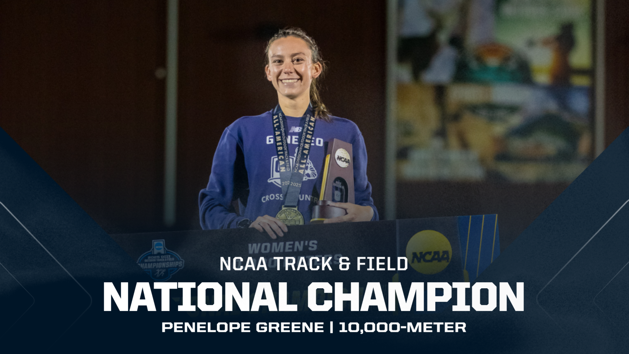 Penelope Greene holding trophy and sign for national championship
