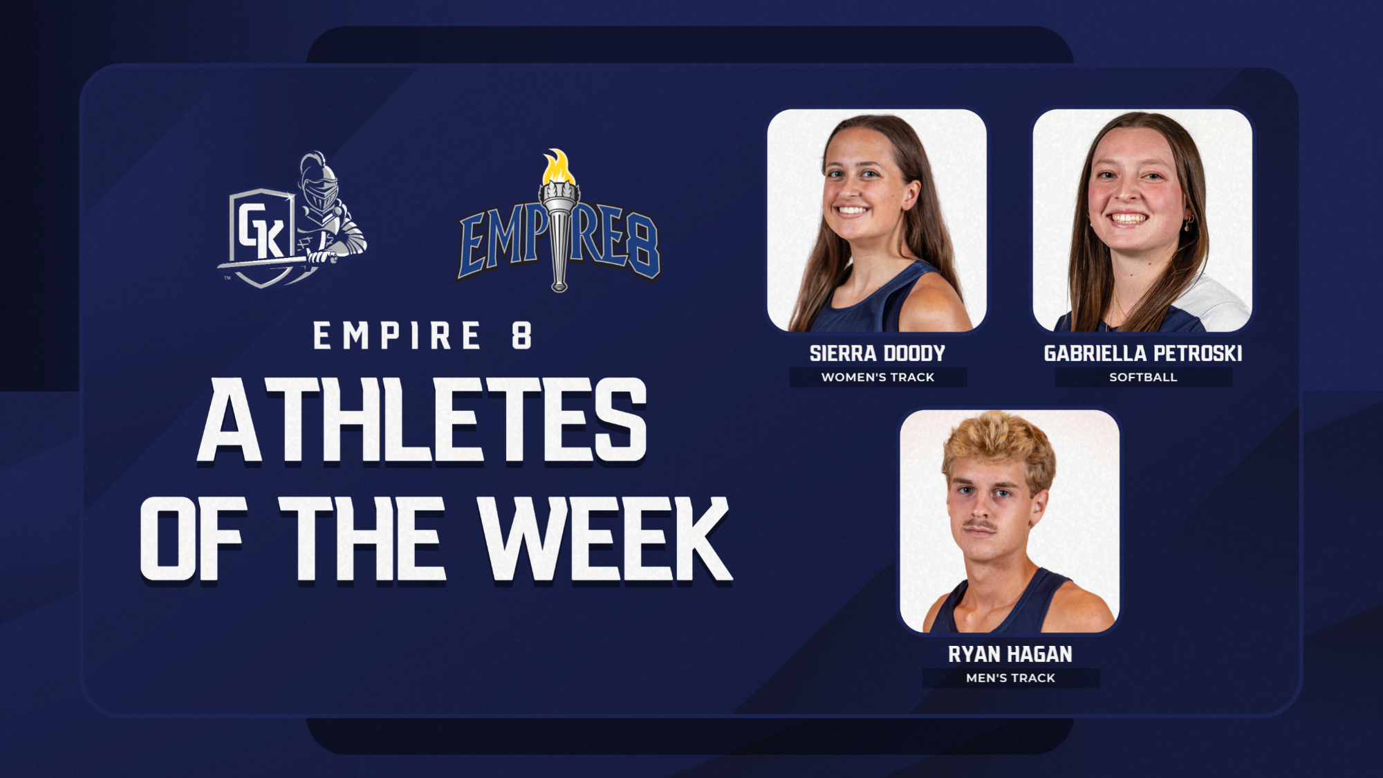 Empire 8 Athlete of the Week graphic, Gabriella Petroski, Sierra Doody, and Ryan Hagan