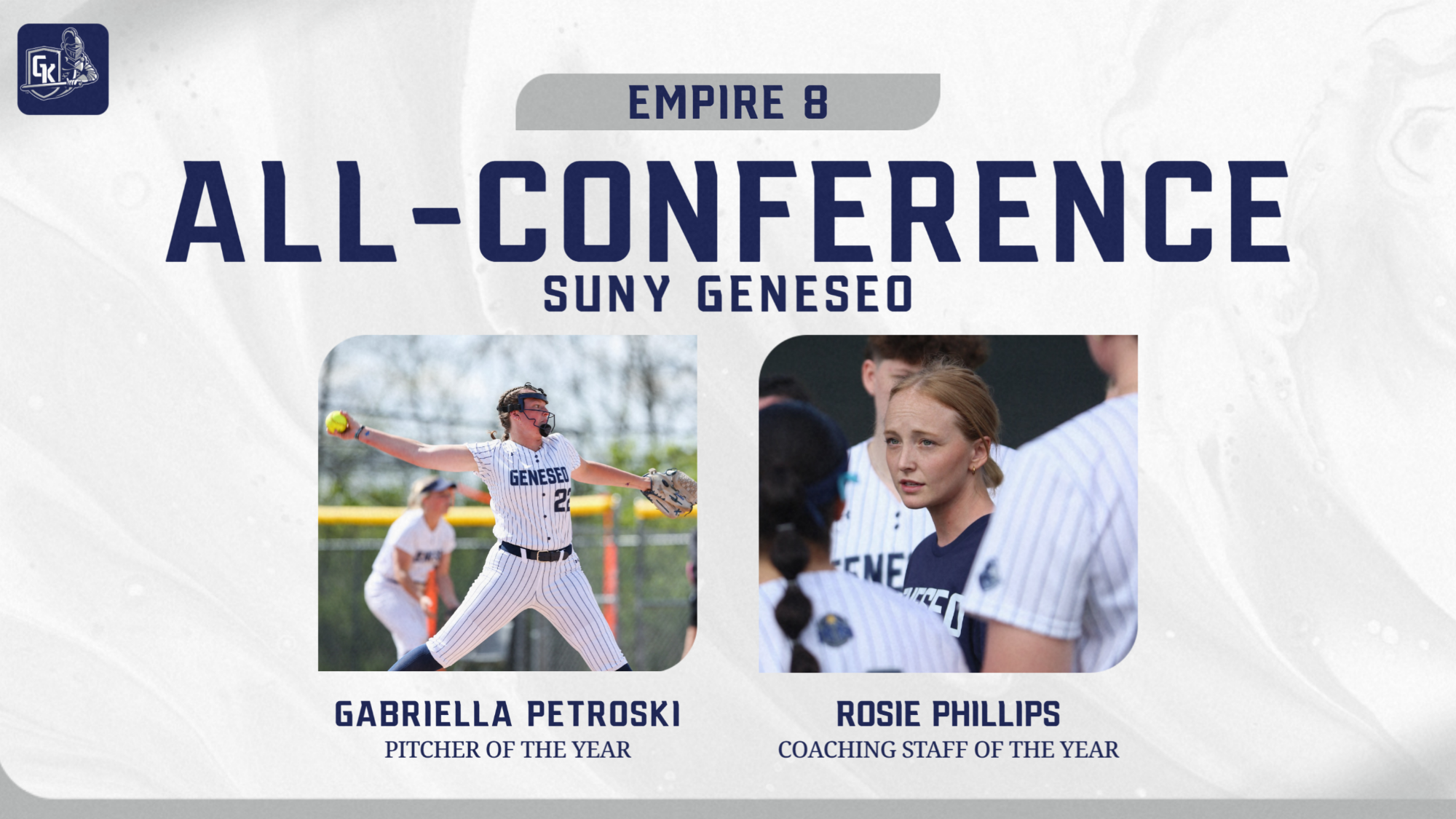 Empire 8 Softball All-Conference graphic with Petroski as pitcher of the year and phillips as coach of the year