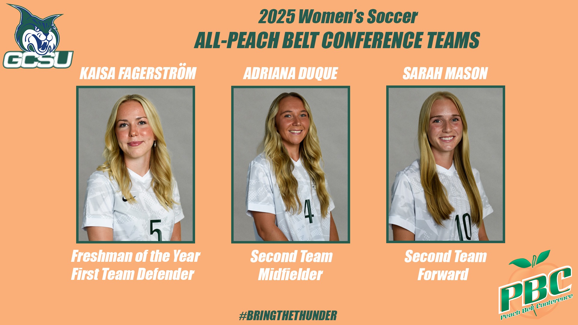 All-Peach Belt Women's Soccer Players Kaisa Fagerstrom, Adriana Duque and Sarah Mason