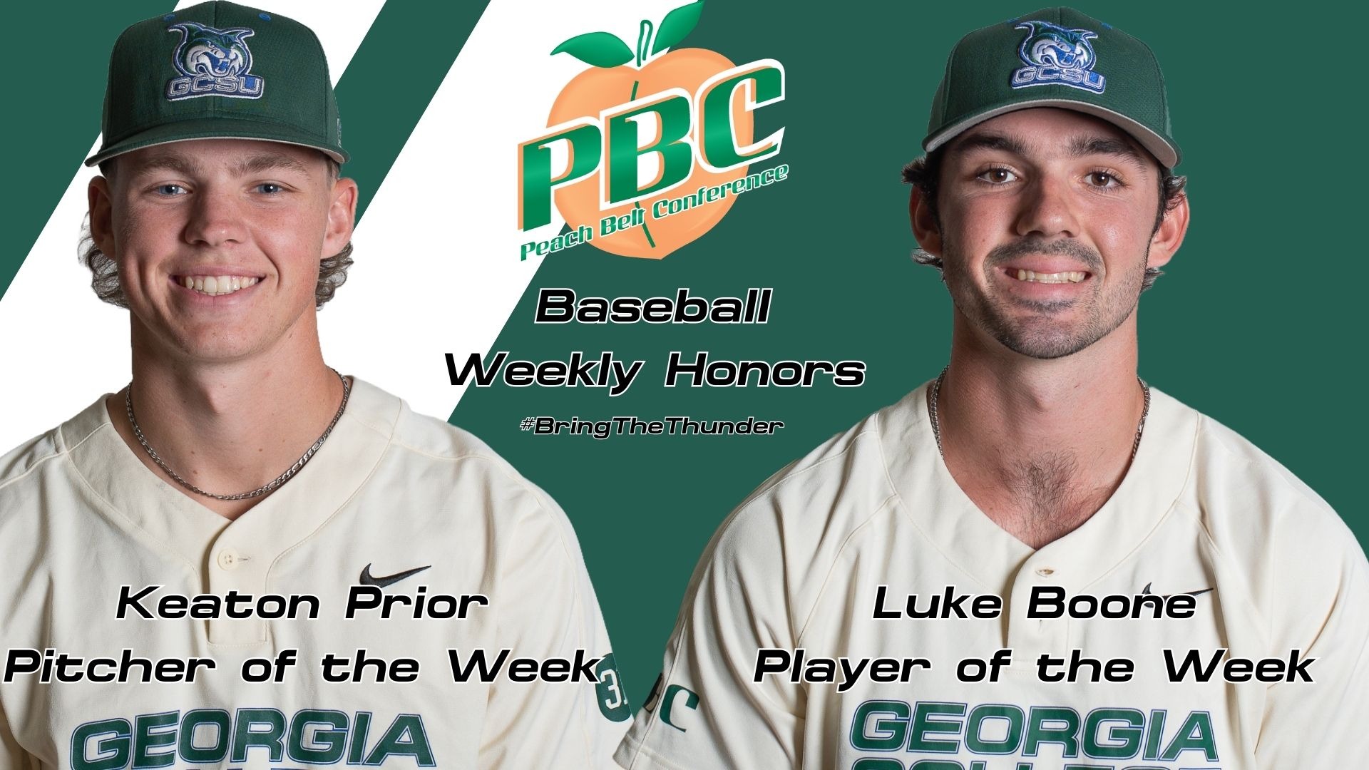 Peach Belt Pitcher of the Week Keaton Prior and Player of the Week Luke Boone