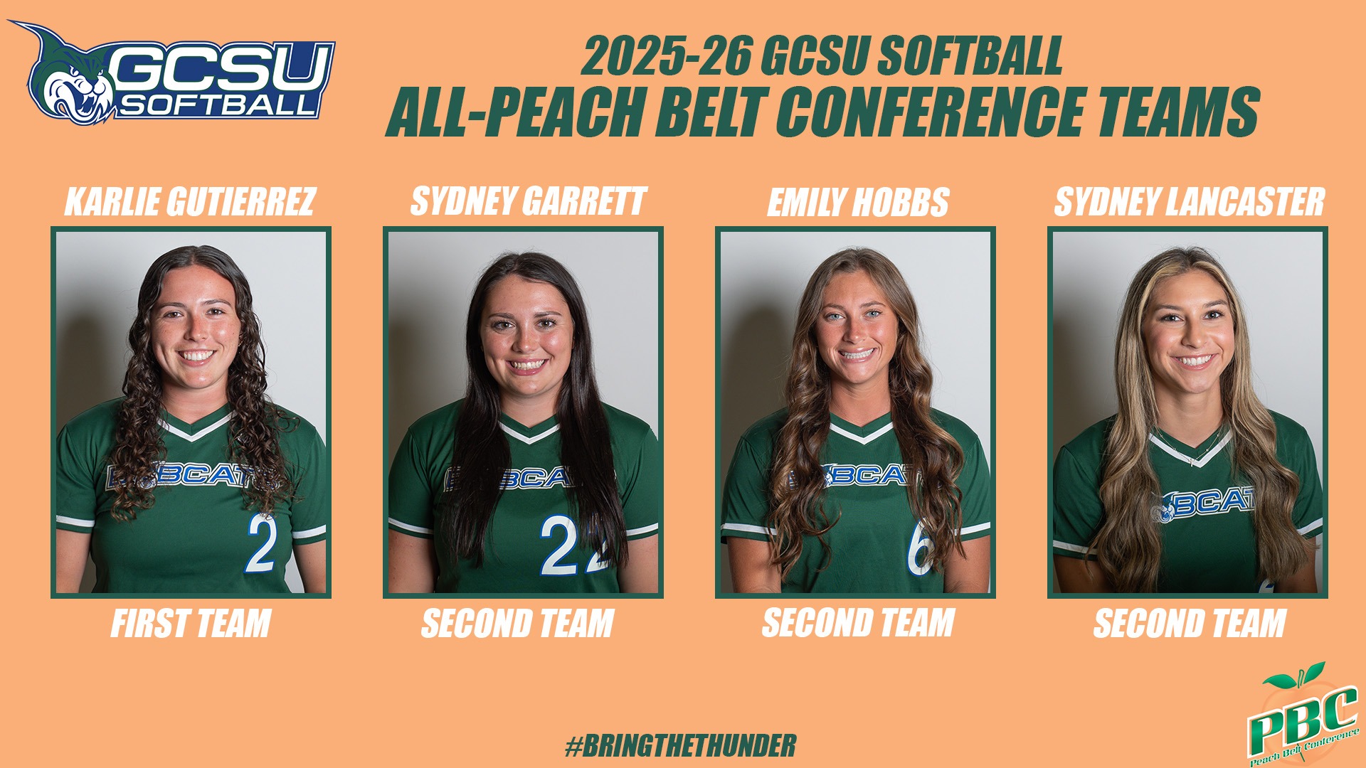 2026 All-Peach Belt Conference Softball Team - Karlie Gutierrez, Sydney Garrett, Emily Hobbs and Sydney Lancaster
