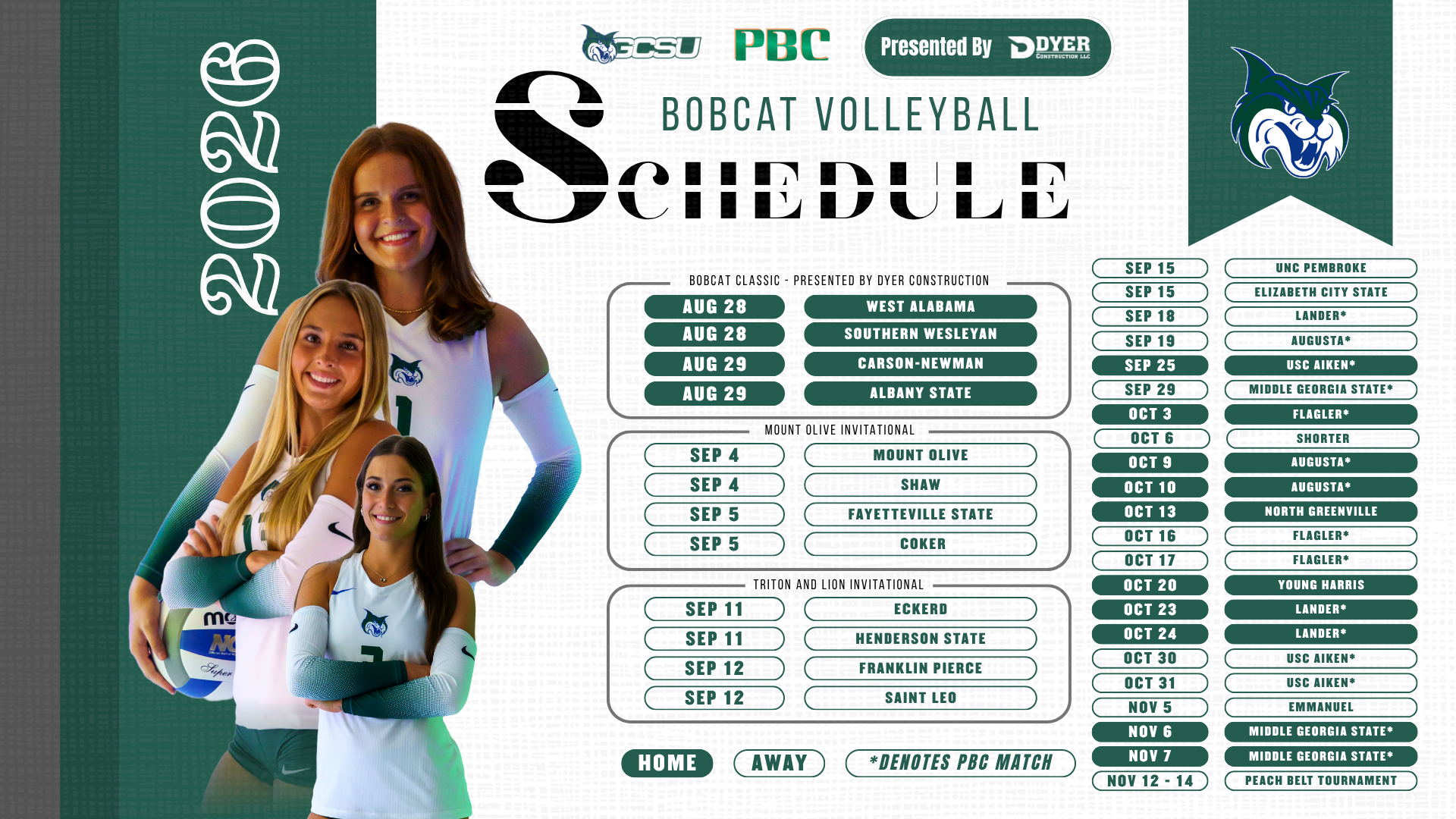 2026 GCSU Volleyball Schedule presented by Dyer Construction
