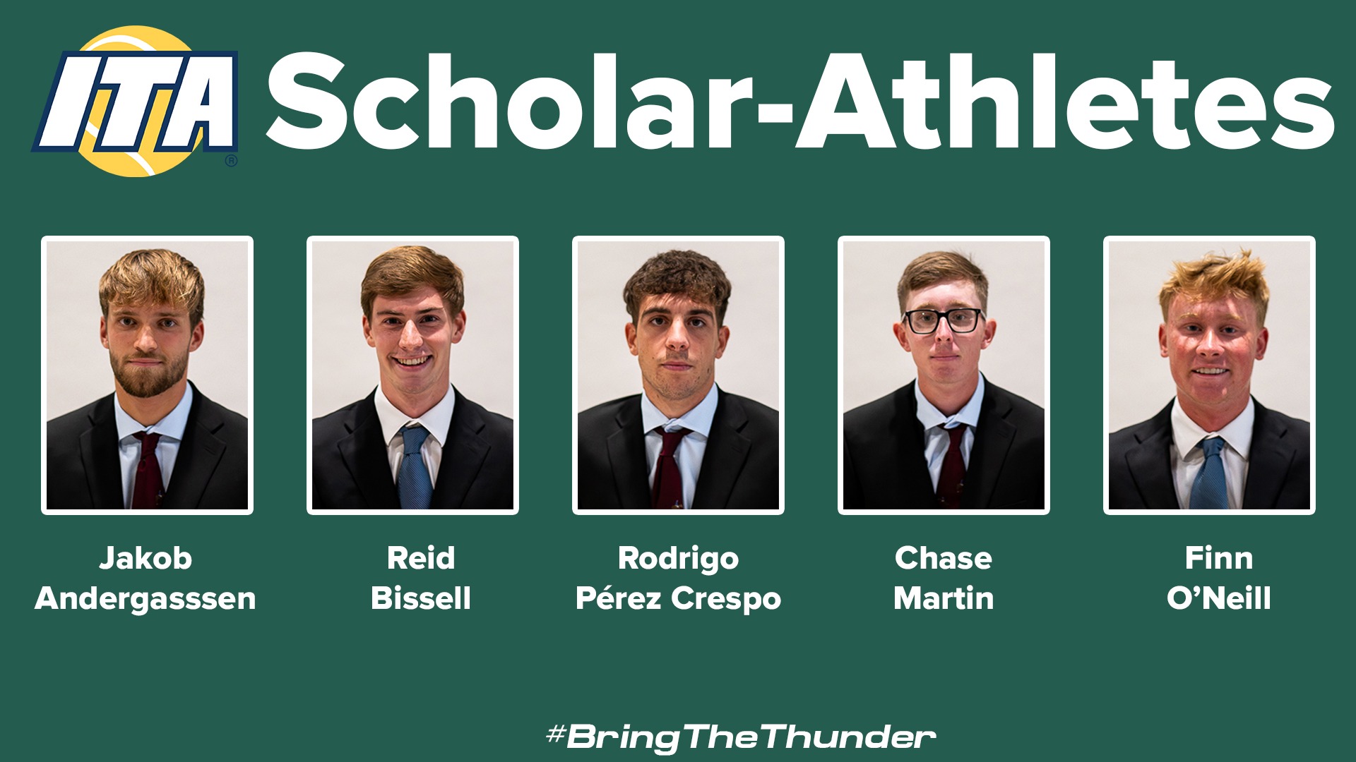 ITA Scholar-Athletes from GCSU Men's Tennis - Jakob Andergassen, Reid Bissell, Rodrigo Perez Crespo, Chase Martin and Finn O'Neill
