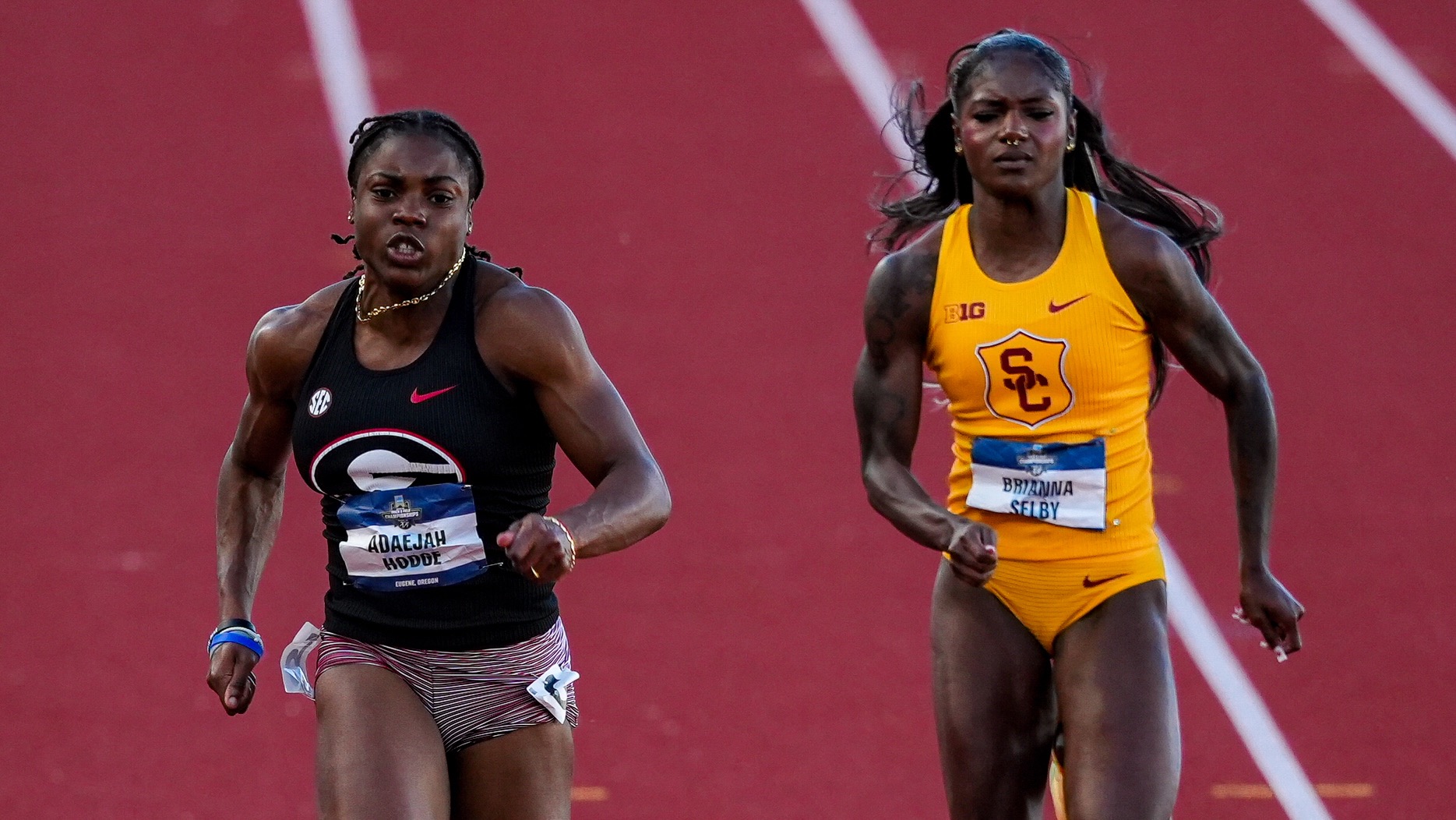 Georgia sprinter Adaejah Hodge competing at the 2026 NCAA Outdoor Track and Field Championships. Photo: Tony Walsh/UGAAA.