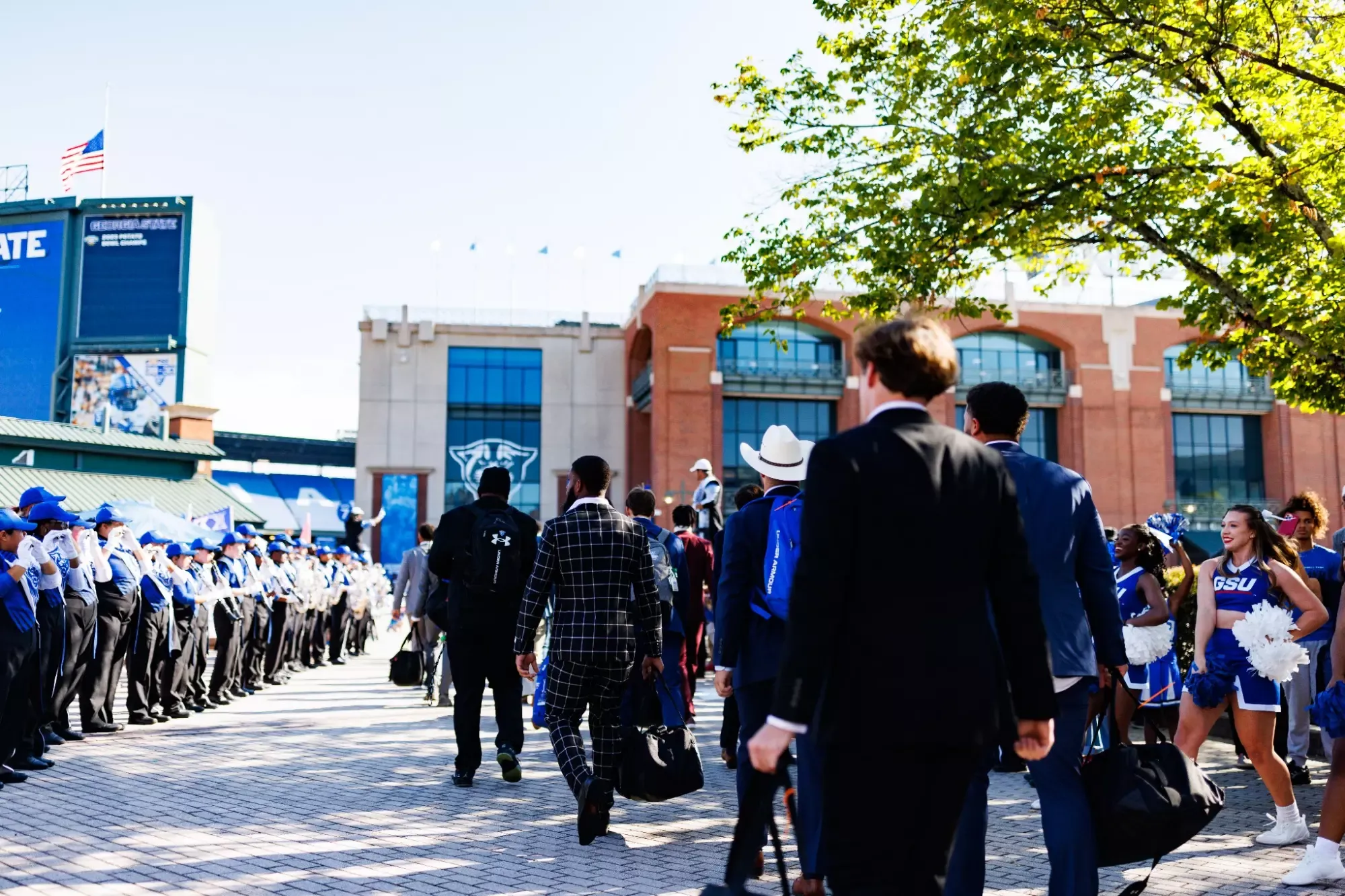 The Georgia State Panthers arrive prior to the game between the Georgia State Panthers and the Chattanooga Mocs on Saturday, September 7, 2024 at Center Parc Credit Union Stadium in Atlanta, Georgia. (Photo by Ivan Konon/Georgia State Athletics)