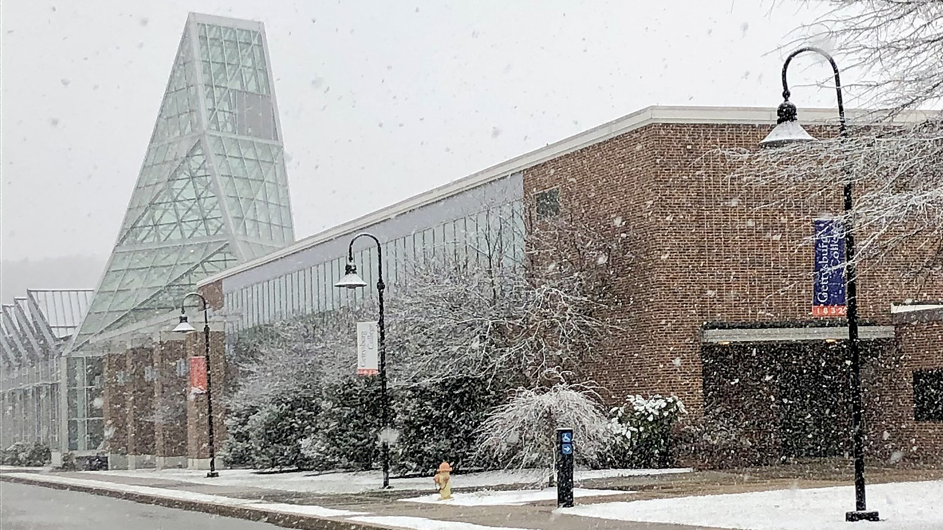 Snow falling on the Jaeger Center 