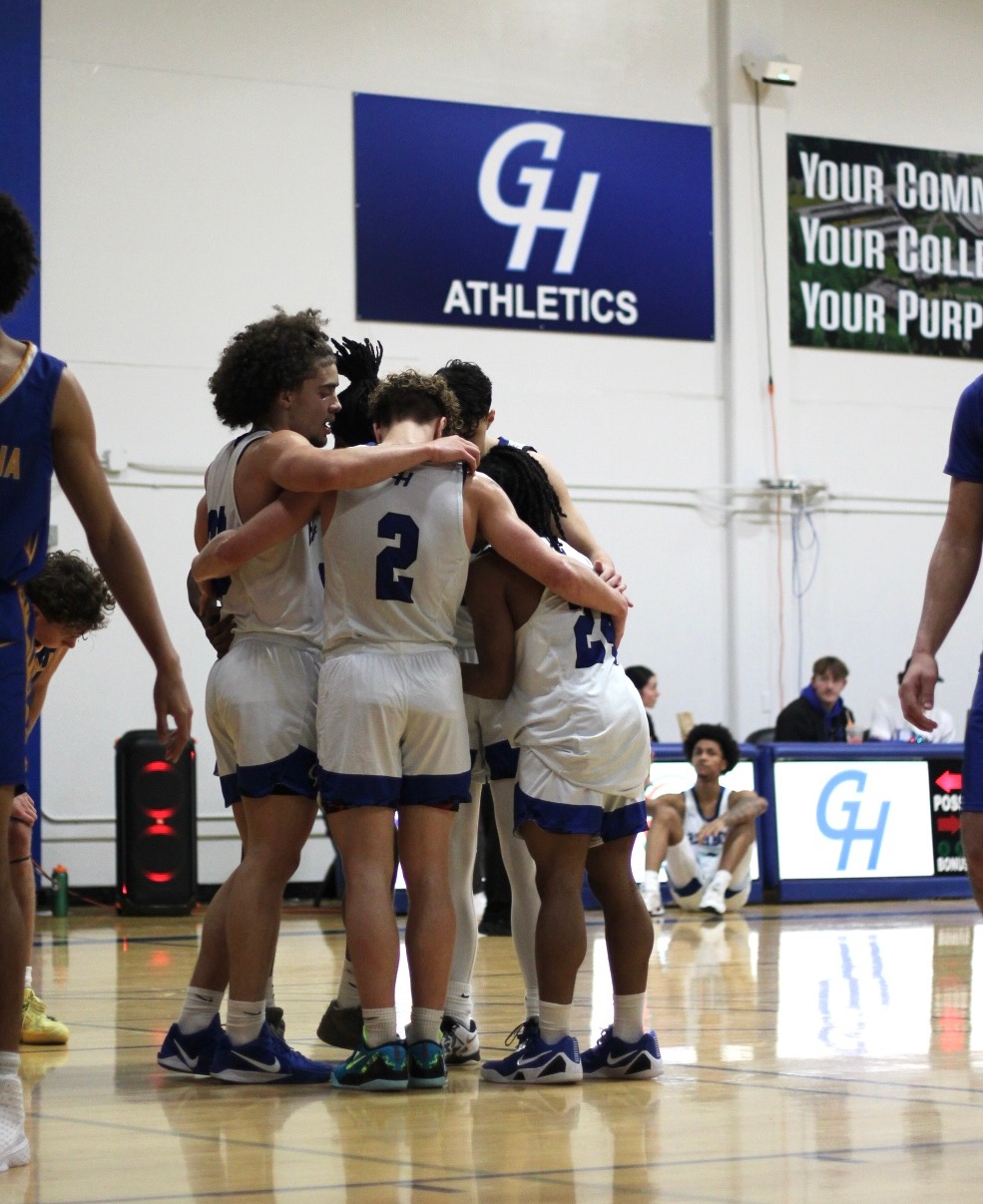 Basketball team in huddle during game