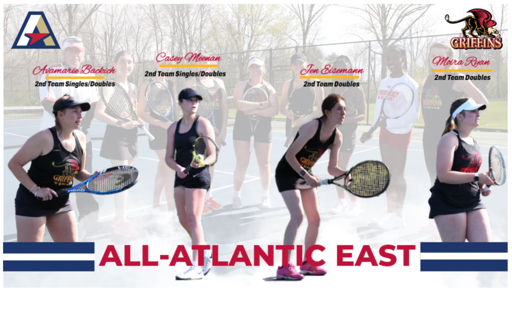 2021-2022 All-AEC Women's Tennis (L to R): Avamarie Backich (2nd Team Doubles/Singles), Casey Meenan (2nd Team Doubles/Singles), Jen Eisemann (2nd Team Doubles), Moira Ryan (2nd Team Doubles)