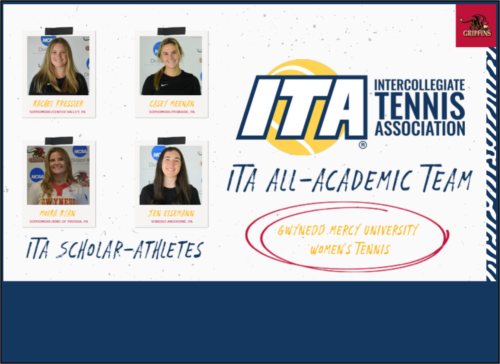2022 ITA DIII All-Academic Team/2022 ITA DIII Scholar-Athletes; Rachel Kressler, Casey Meenan, Moira Ryan, Jen Eisemann