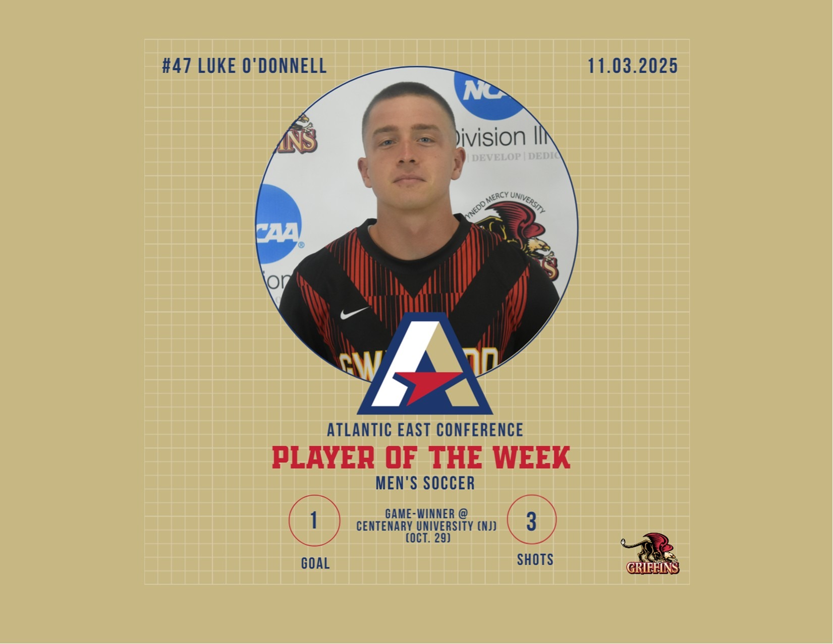 Atlantic East Conference (AEC) Men's Soccer Player of the Week (11/3/2025): Luke O'Donnell