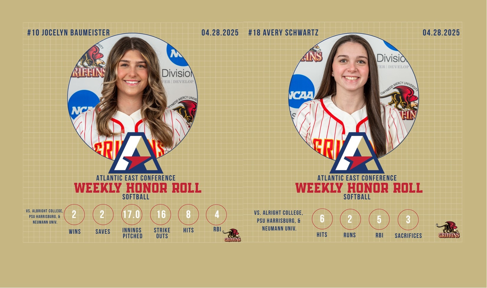 AEC Softball Weekly Honor Roll (4/28/2025): Jocelyn Baumeister, Avery Schwartz